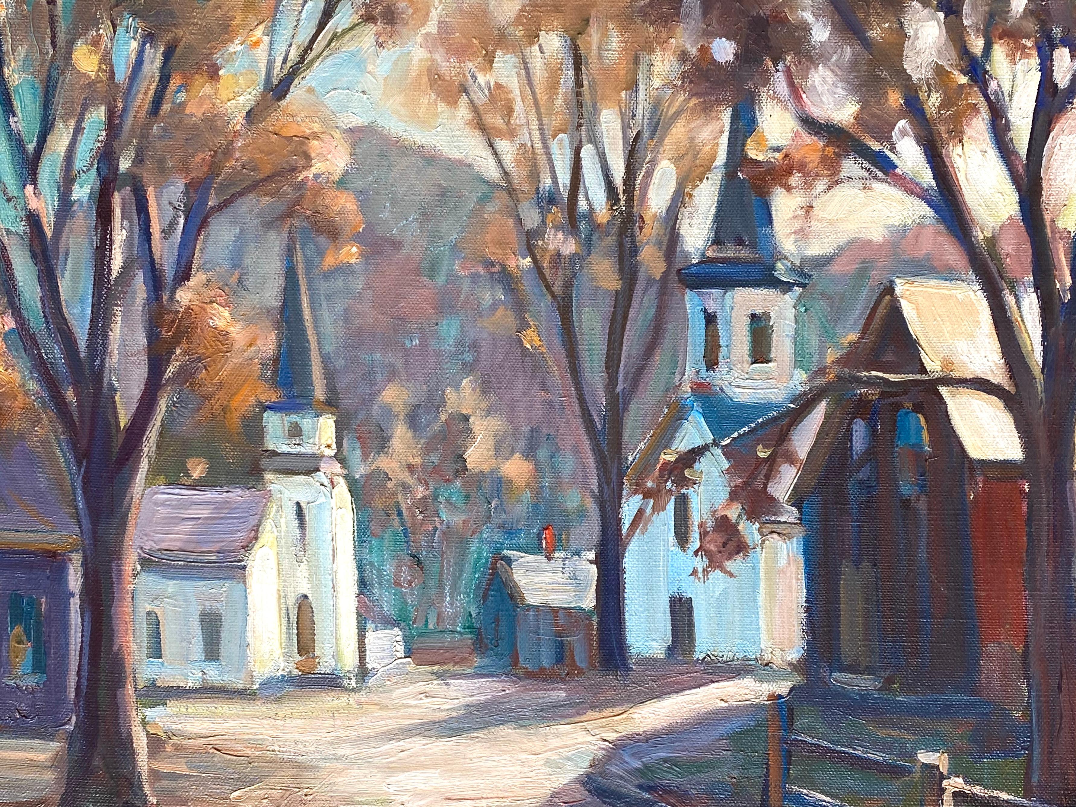 “Churches, New England” - Brown Landscape Painting by Lester E. Chadbourne