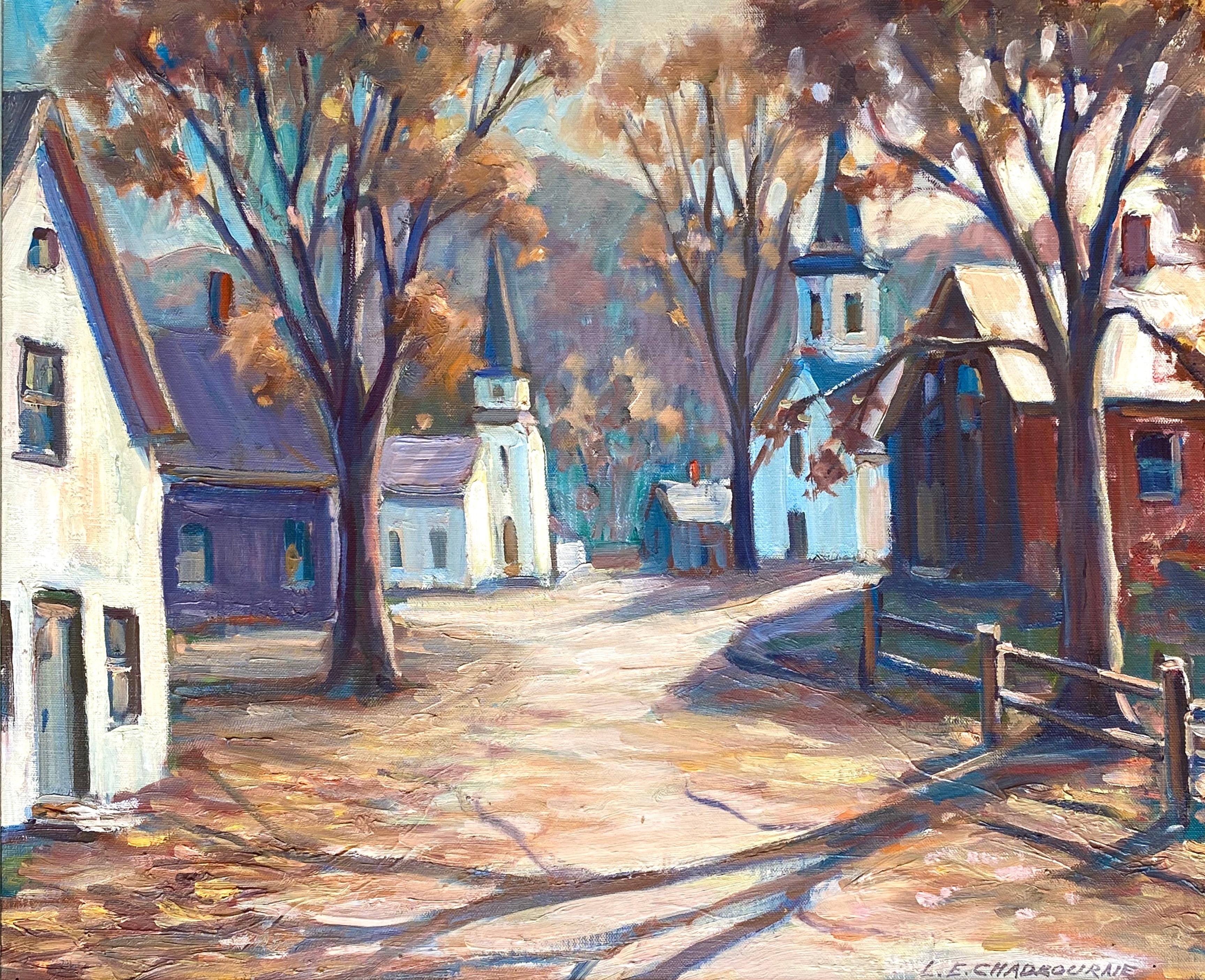 Original oil on canvas autumn painting of the small New England village called Lanesville in Gloucester, Massachusetts with two churches in the shaded background. Painted in a post impressionist style by the Massachusetts artist, Lester E.
