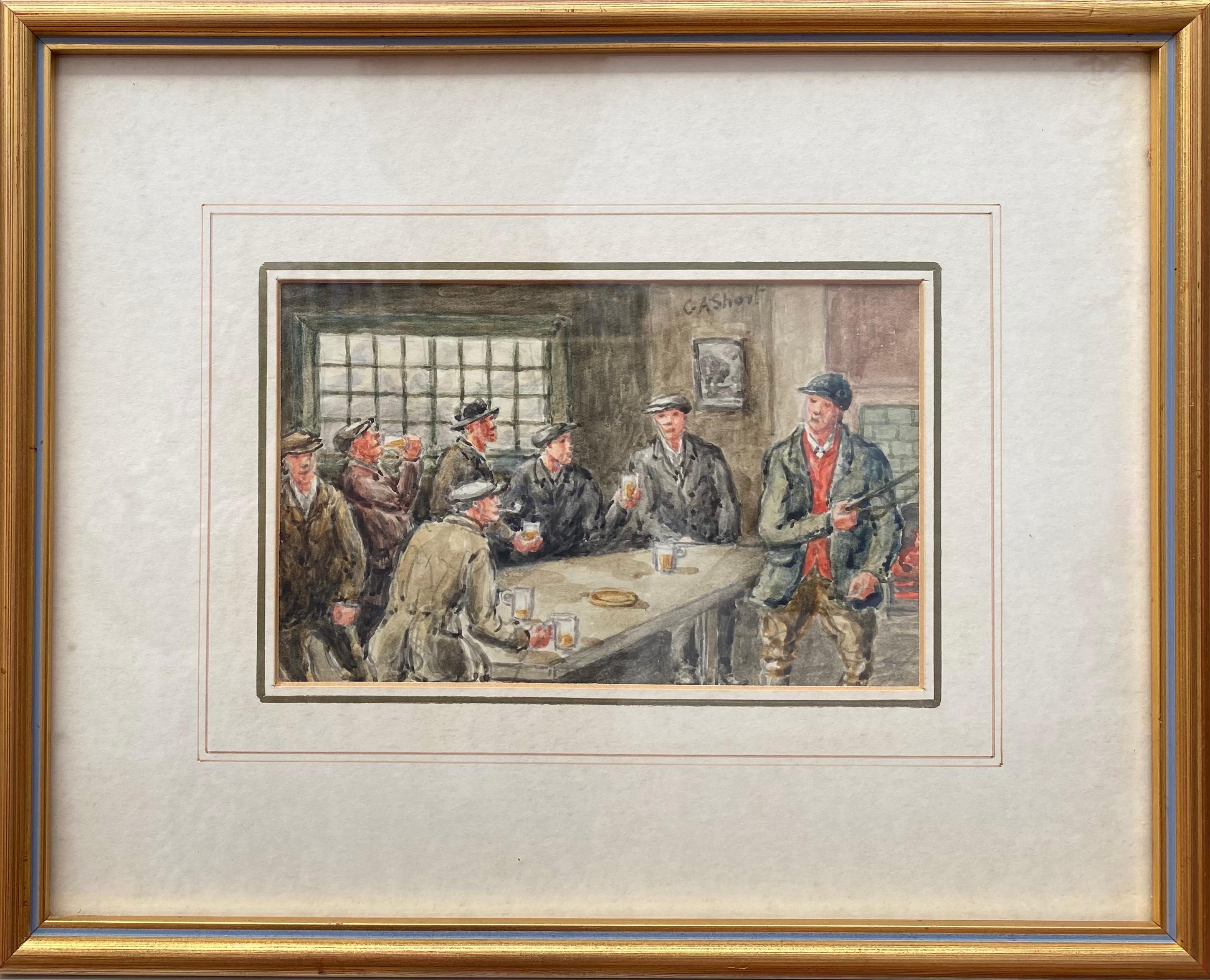 Original watercolor with graphite tracings of interior crowded pub scene by the British artist, George Anderson Short. Signed top right.  Circa 1940.  Overall cream mat and thin gold leaf frame 10.25 by 12.75 inches in fine condition.  Provenance: 