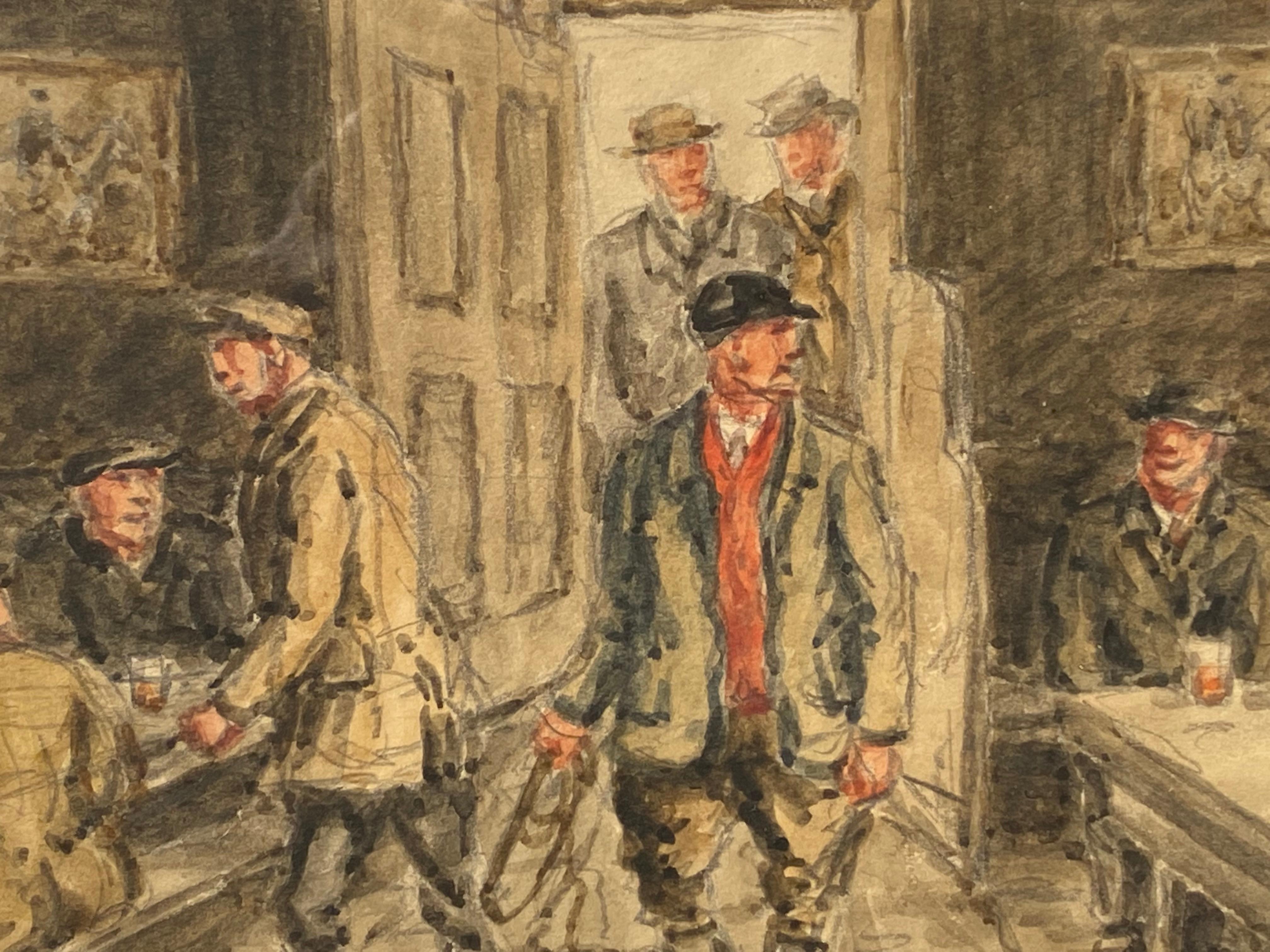 Original-Aquarell mit Graphitzeichnung einer Kneipenszene des britischen Künstlers George Anderson Short. Signiert unten links.  Um 1940.  Insgesamt Creme Matte und dünne Blattgold Rahmen 11,25 x 14,75 Zoll in gutem Zustand.  Provenienz:  Ein