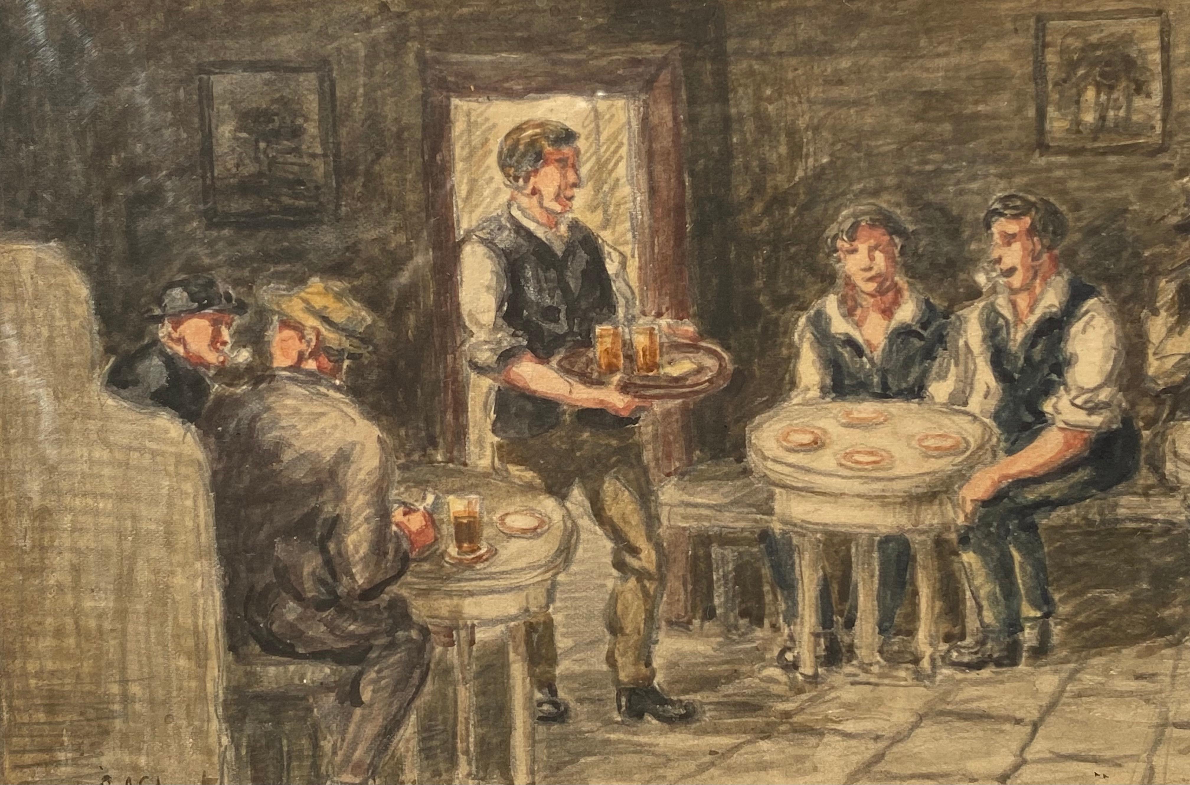 Original watercolor with graphite tracings of interior pub scene by the British artist, George Anderson Short. Signed bottom left.  Circa 1940.  Overall cream mat and thin gold leaf frame 11 by 14 inches in fine condition.  Provenance:  A Florida