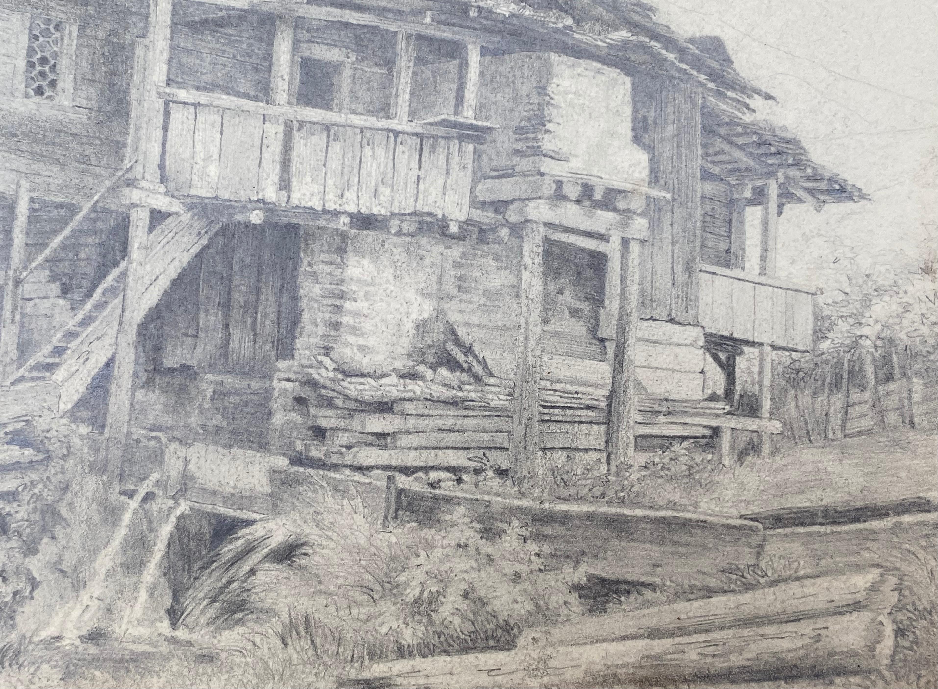 Sehr schöne Graphitzeichnung auf Archivpapier eines typischen Berghauses in der Stadt Hayingen, Deutschland, von dem bekannten Künstler Johannes Kleinschmidt.  Signiert in Tinte unten links 