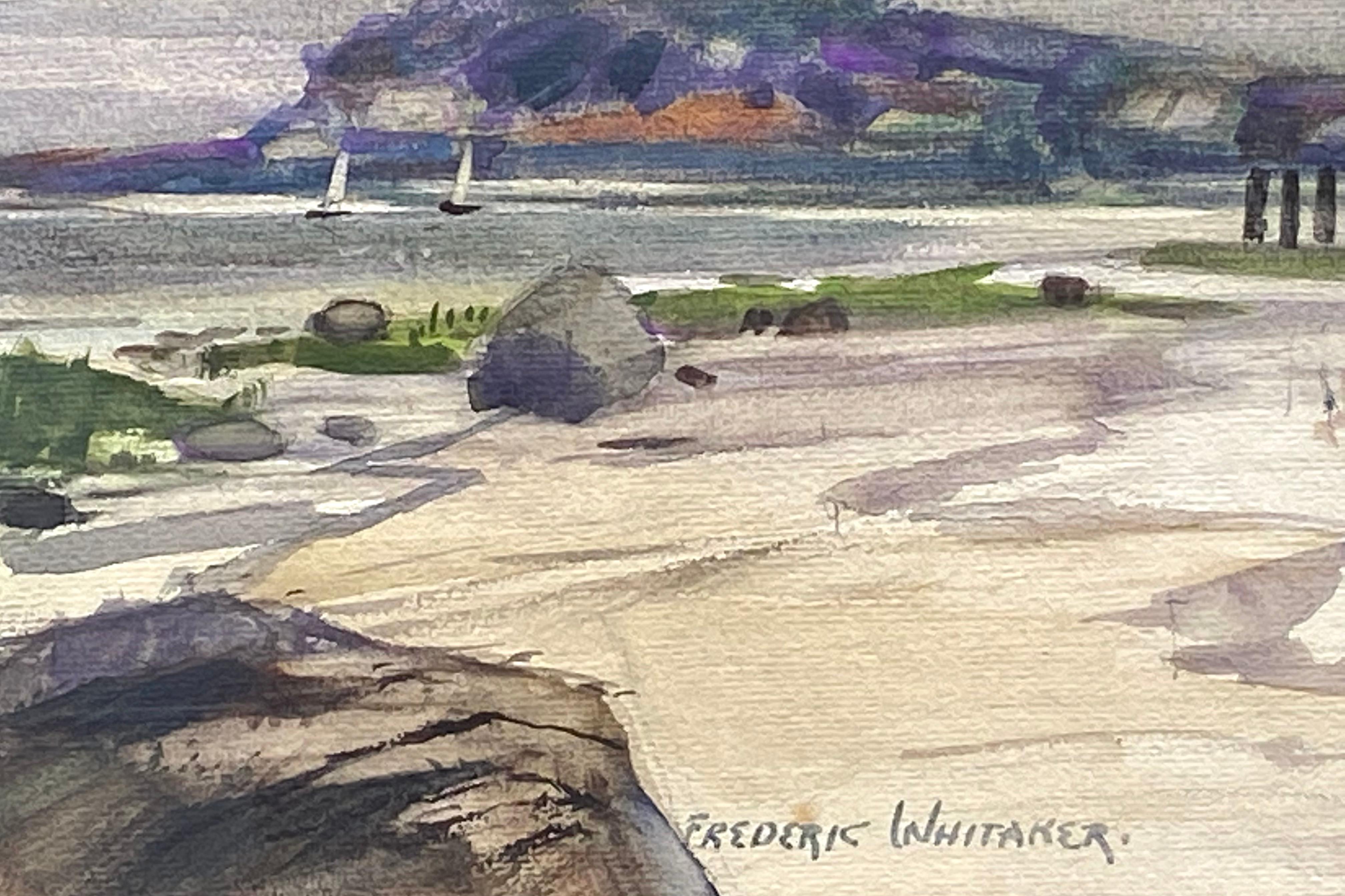 Sehr gut ausgeführtes Aquarell auf Grumbacher Aquarellkarton von dem bekannten Marinekünstler Frederic Whitaker. Signiert unten rechts. Ca. 1955. Der Zustand ist sehr gut.  Off weiß gewebt Matte 24 von 28,25 Zoll insgesamt gerahmt Messungen. 