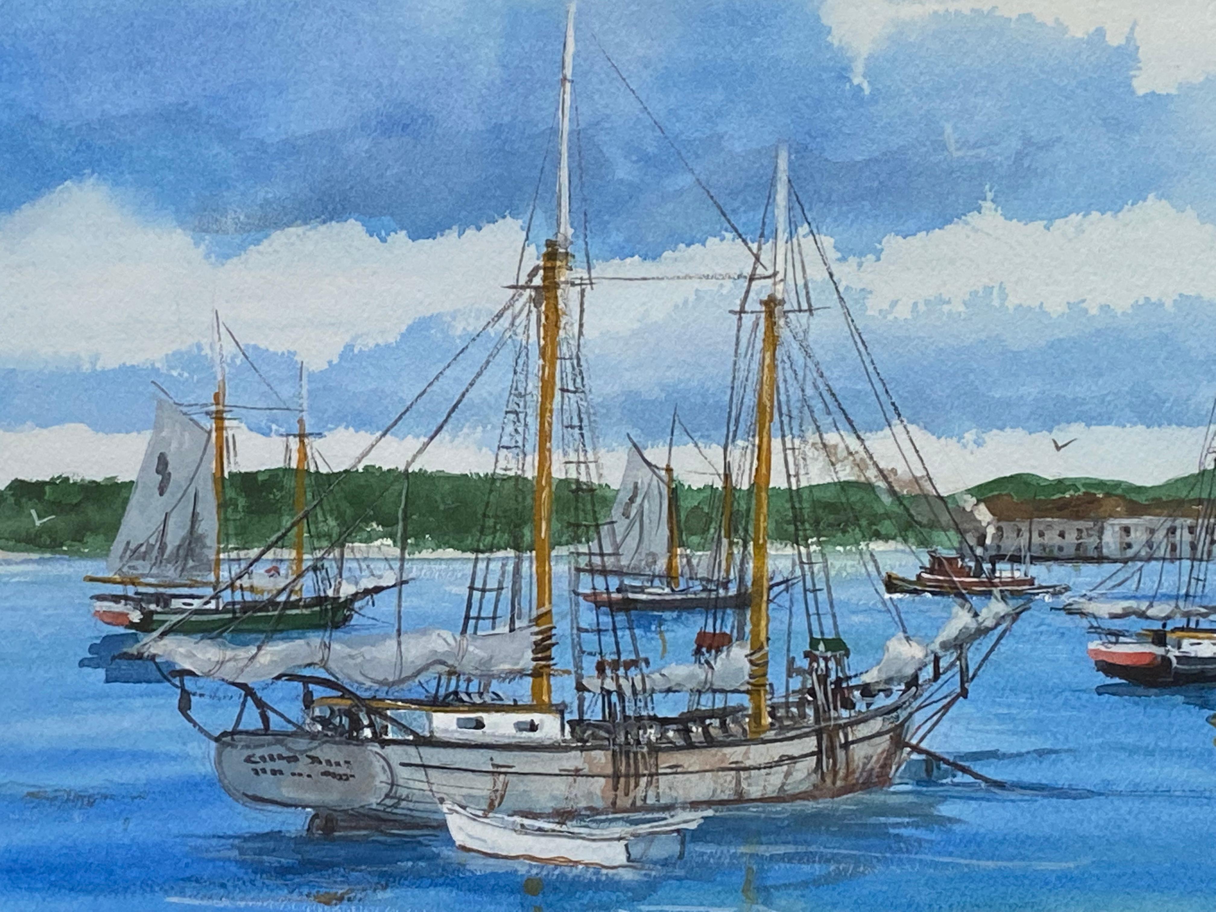 Belle aquarelle et gouache sur papier d'archives par l'artiste bien connu du Maine, Bill Paxton. L'aquarelle représente ce à quoi ressemblait le port de Portland, dans le Maine, en 1910, avec des voiliers de l'époque amarrés dans le port. Signé en