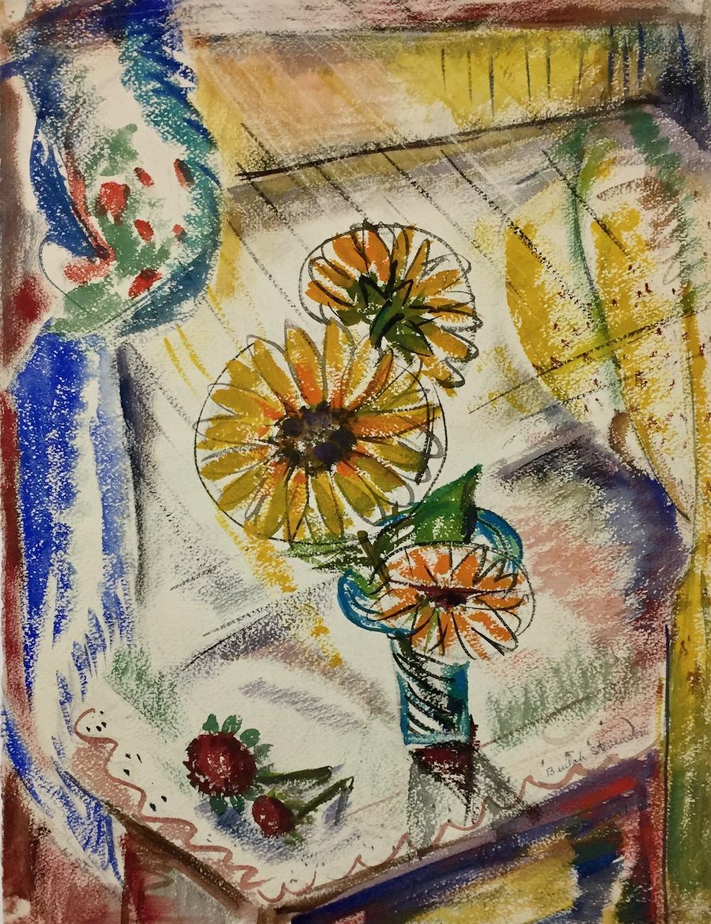 Beulah Stevenson, Three Small Sunflowers and Two Roses by the Window