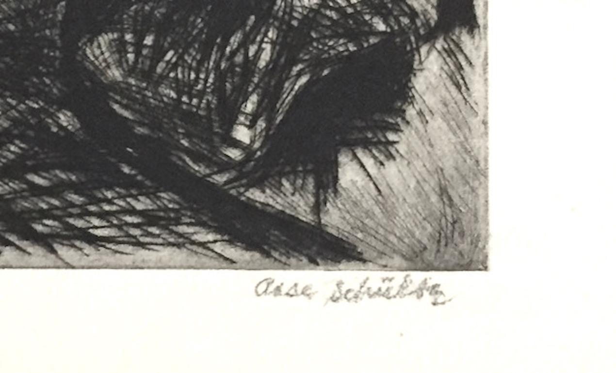 Such an innovative image on the classic 'Riders in the Park' theme! Further, the use of drypoint and the rather direct -- even aggressive -- drawing style, bring it into the German Expressionism school. 

It is signed in pencil but the first name is