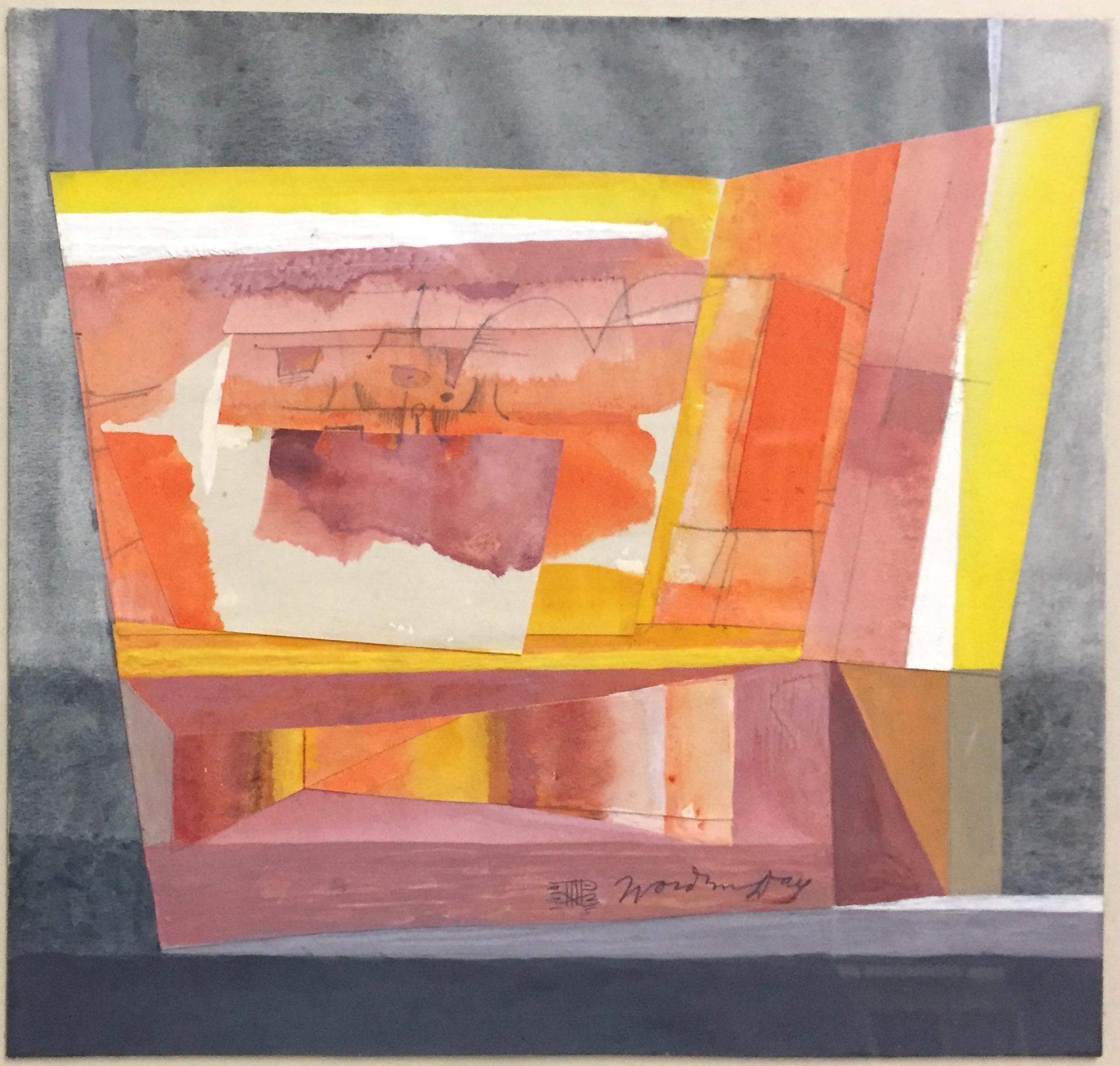 This abstraction composition, a mixed media piece, has collage, watercolor, and pencil. It is signed in pencil both with a signature and a cypher.
