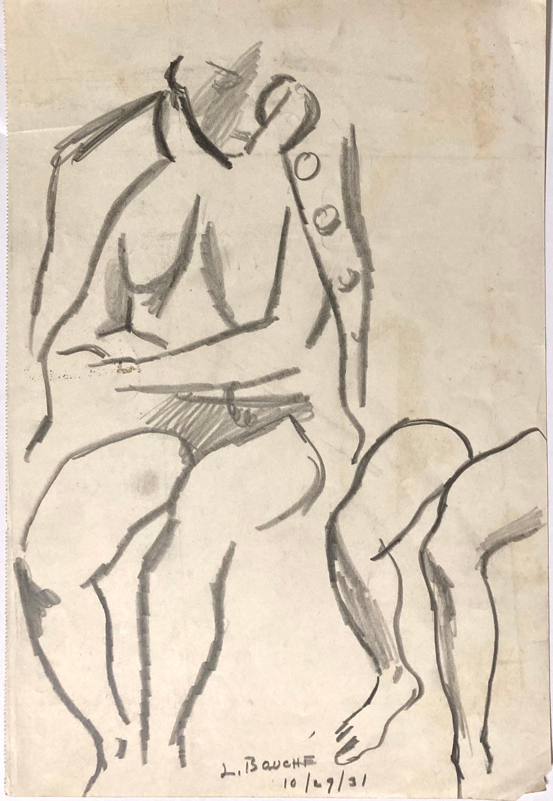 Louis Bouché was based in New York and taught at the Art Students League. The figure, and nudes especially, were an important subject in his oeuvre. The dimensions, 14 1/4 x 9 5/8 inches, are for the size of the sheet. The drawing is signed and
