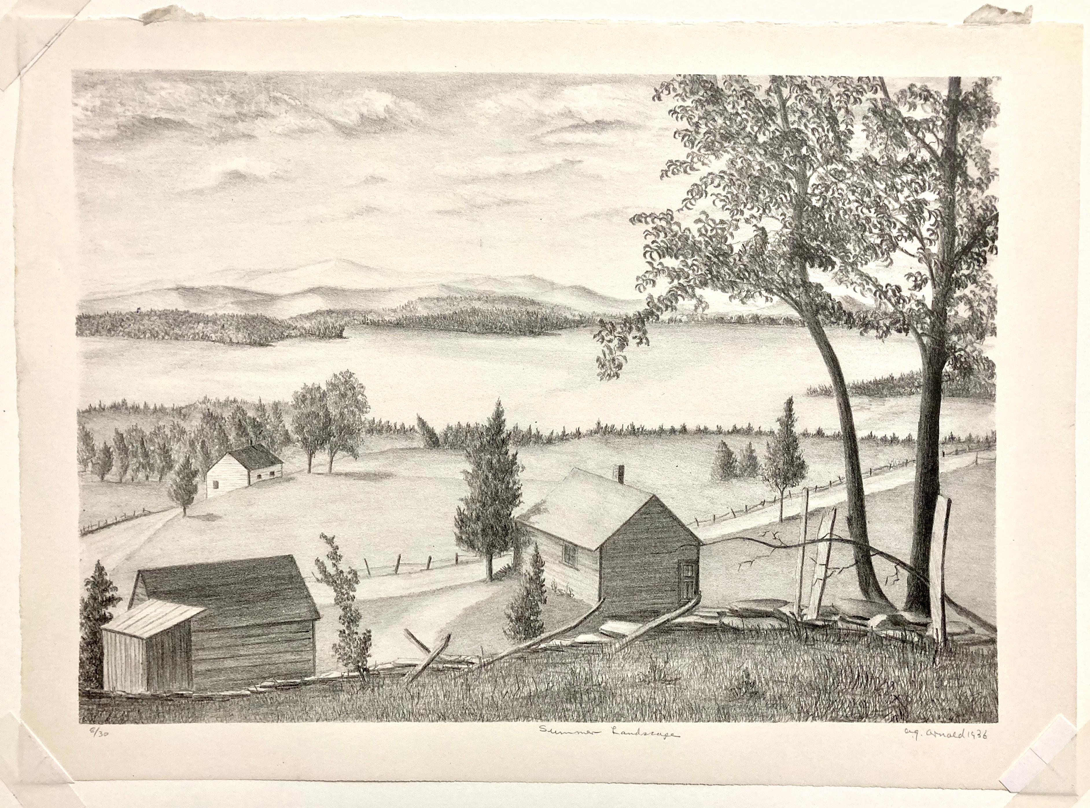 Grant Arnold's Summer Landscape, made in 1936, in the depths of the Depression, is a study in peace and calm. It's as though he found a refuge from the world -- in all likelihood it's a scene in the artists' colony of Woodstock, NY. His delicate