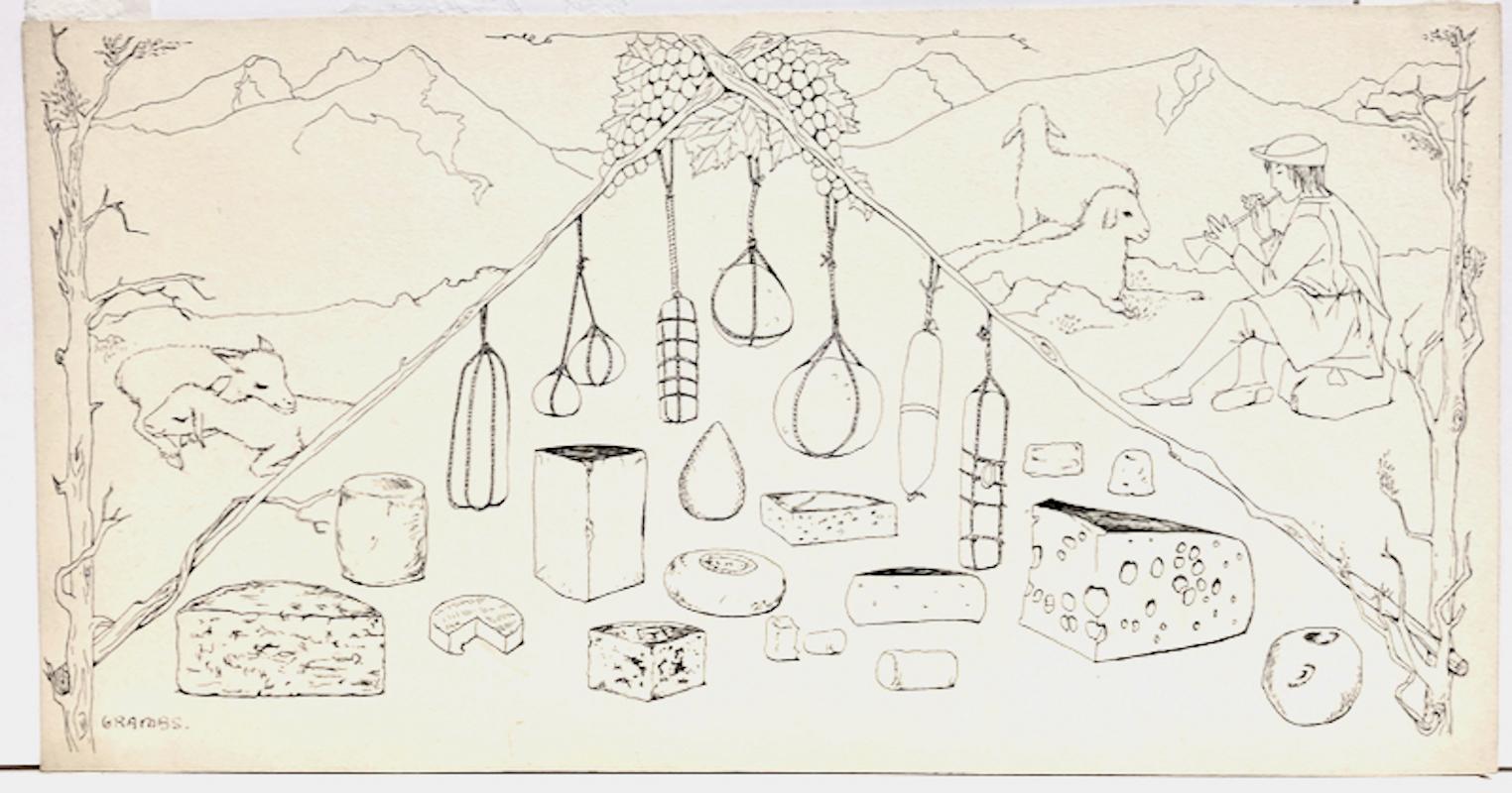 In the 1950s and 60s Grambs worked on many commissions. 

This ink drawing of many kinds of cheese (mostly Italian I would say) and the idyllic landscape from which it would have come, was for a Conde Nast publication. Their red ink stamp is on the
