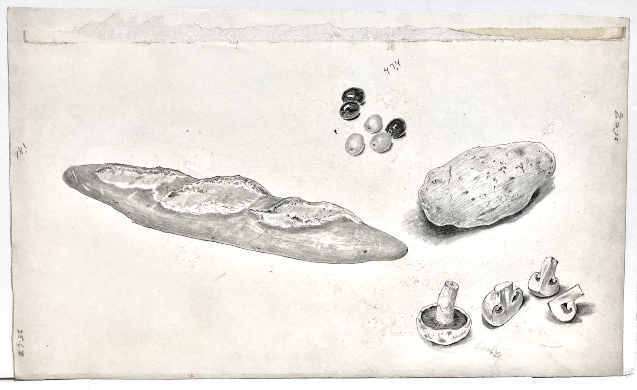 Blanche Grambs, (Kochendes Stillleben: Brot, Oliven, Kartoffeln, Pilze) im Angebot 1