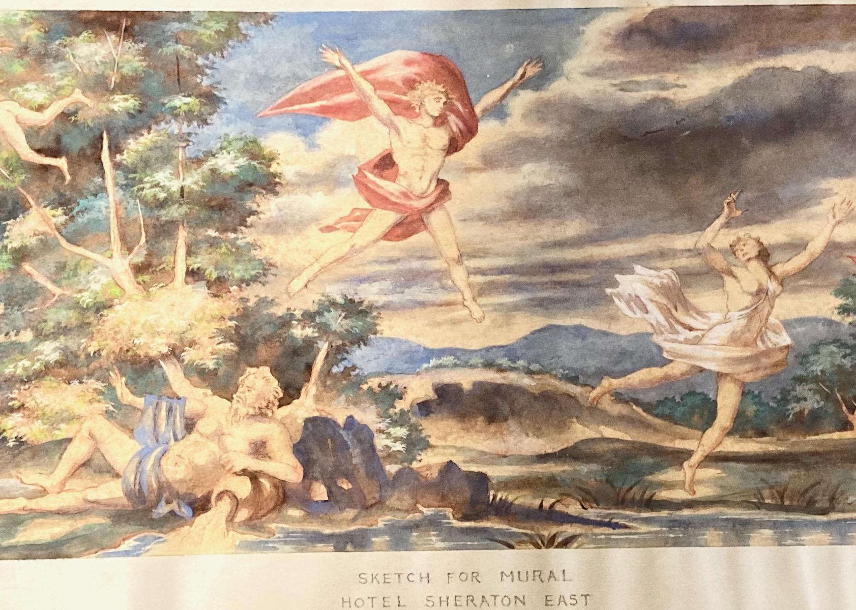 Edward Laning, schizzo per il murale di metà secolo dello Sheraton East Hotel raffigurante antichi miti in vendita 4