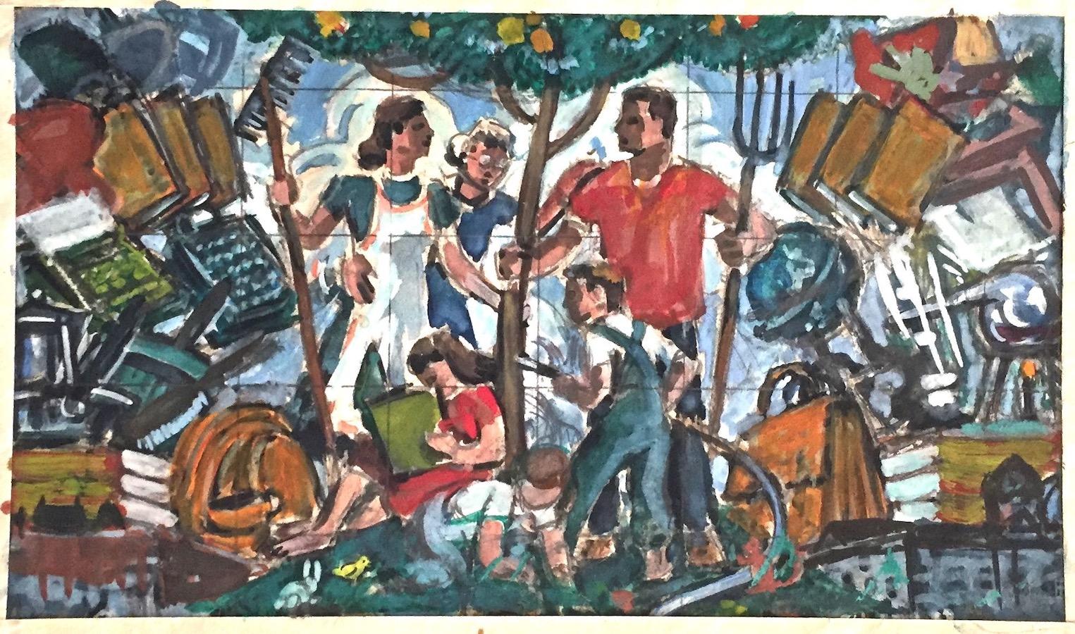 Cette étude murale de scène rurale de Samuel Greenburg est notée de manière à pouvoir être transférée dans un format plus grand. Cependant, je n'ai pas encore connaissance d'une image ou d'une peinture murale s'y rapportant. 
Les dimensions sont