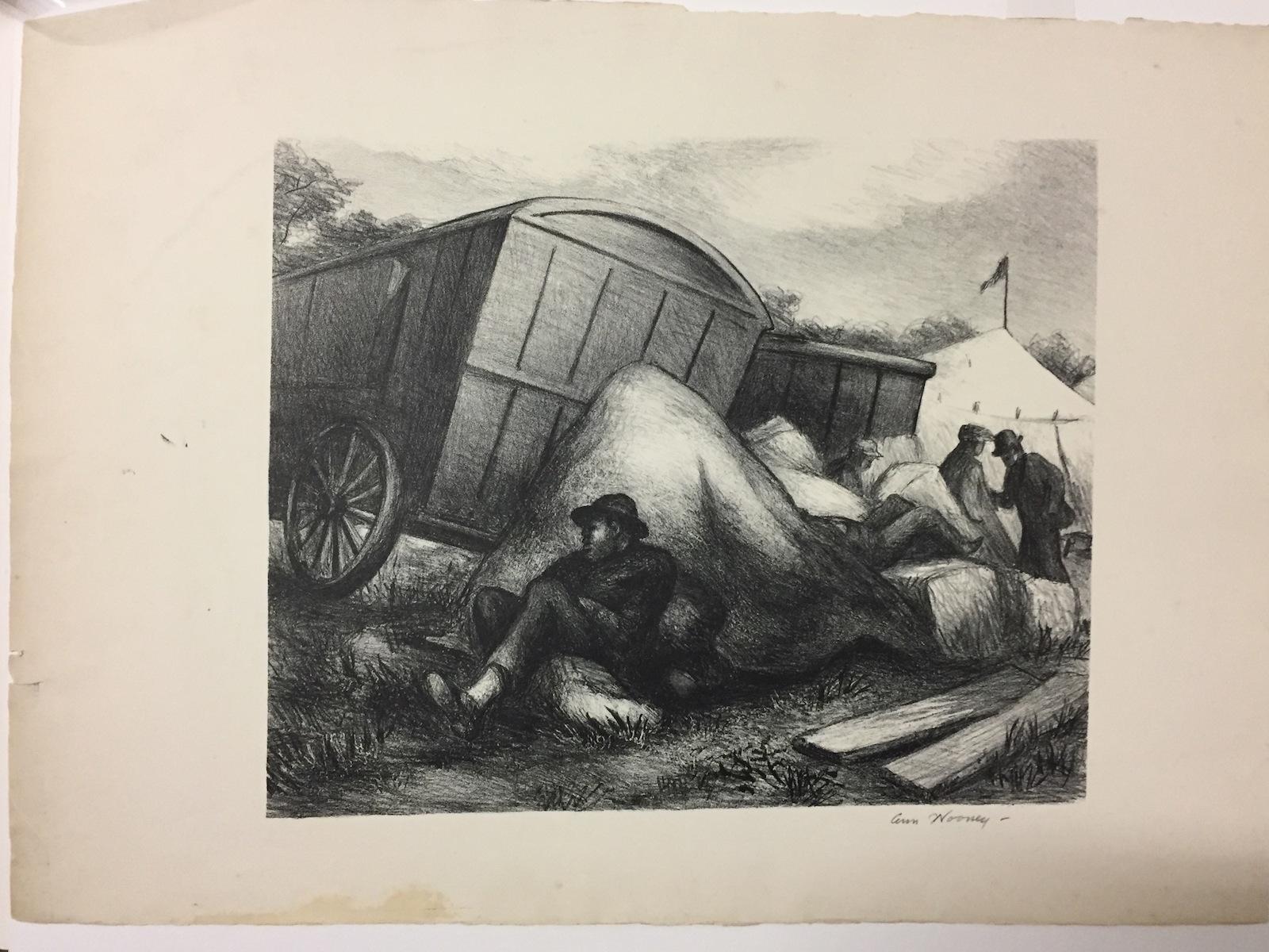 
The dimensions are for the image; there are large margins. This lithograph is signed in pencil.

A native New Yorker, Ann Nooney (1900-1970) recorded the urban scene while on the Works Progress Administration (WPA). The lithographs she made for