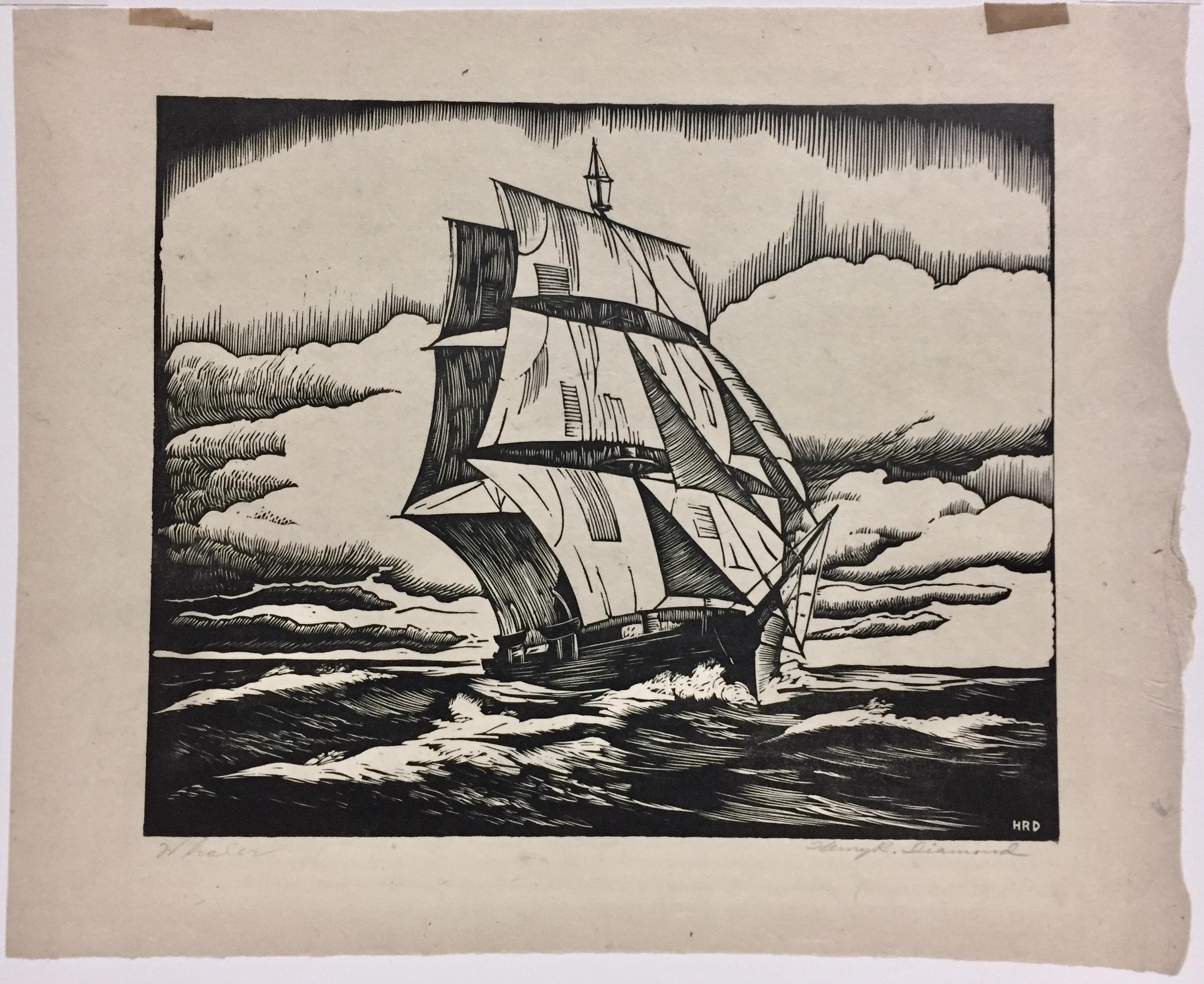 Really a wood engraving rather than a woodcut, Henry R. Diamond's Whaler is majestic. It is signed and titled in pencil. 
