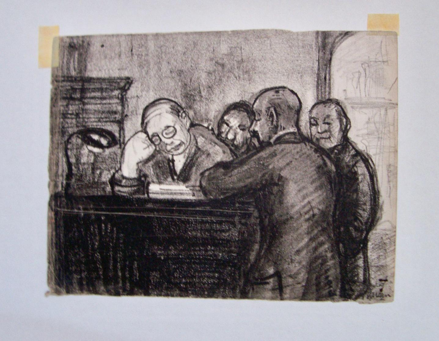 Dorothy Varian (1895-1985) was based in New York City and Woodstock, NY. This is a courtroom scene that captures the intensity of the situation. It is signed in ink.