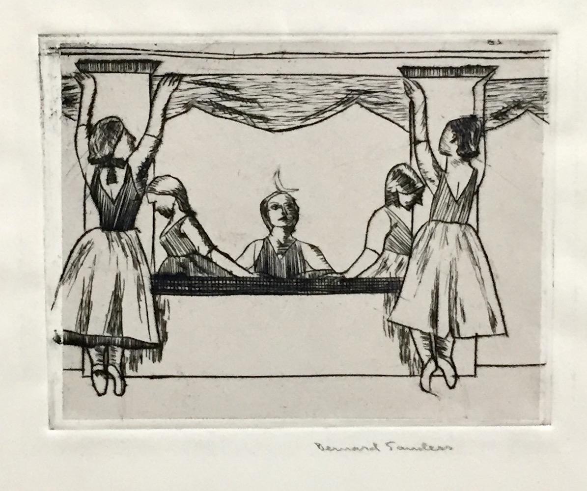 Sander's interiors are always intriguing. This work also reads as a stage with a dance; it recalls the Porch of the Maidens at the Erectheum at the Acropolis in Athens. There of course the figures are caryatids. In Sanders print they are dancers who