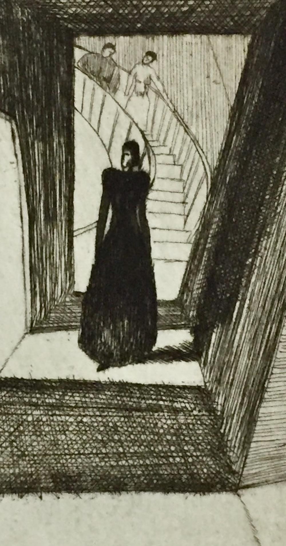 This was made for the Stephen Crane story, Maggie, Girl of the Streets. It is printed on blue paper and signed in the plate at the lower left. 
