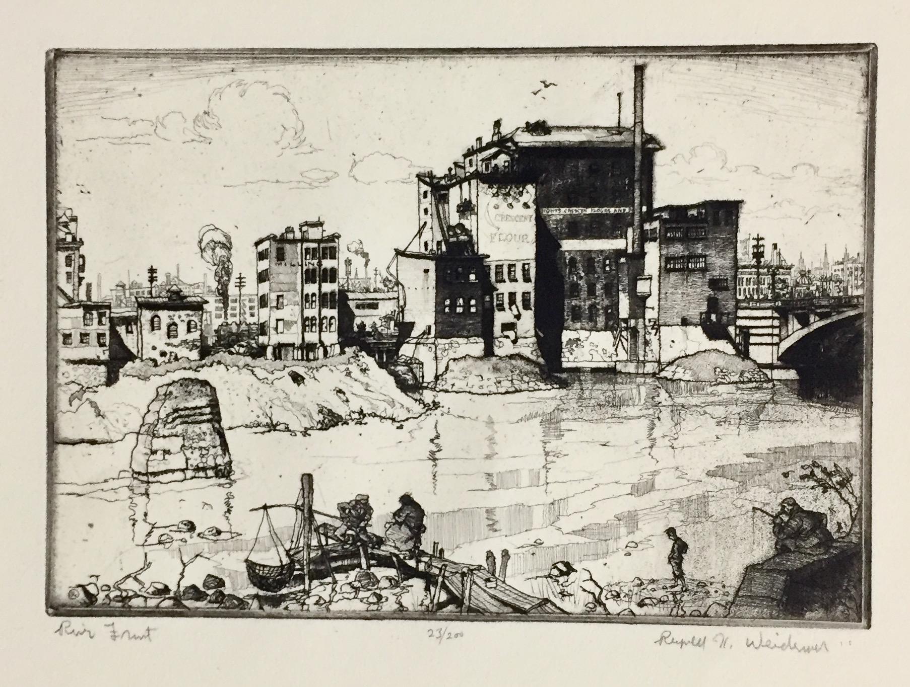 Ralph H. Weidenar Landscape Print - Reynold. Weidenaar, River Front (Grand Rapids, Michigan)