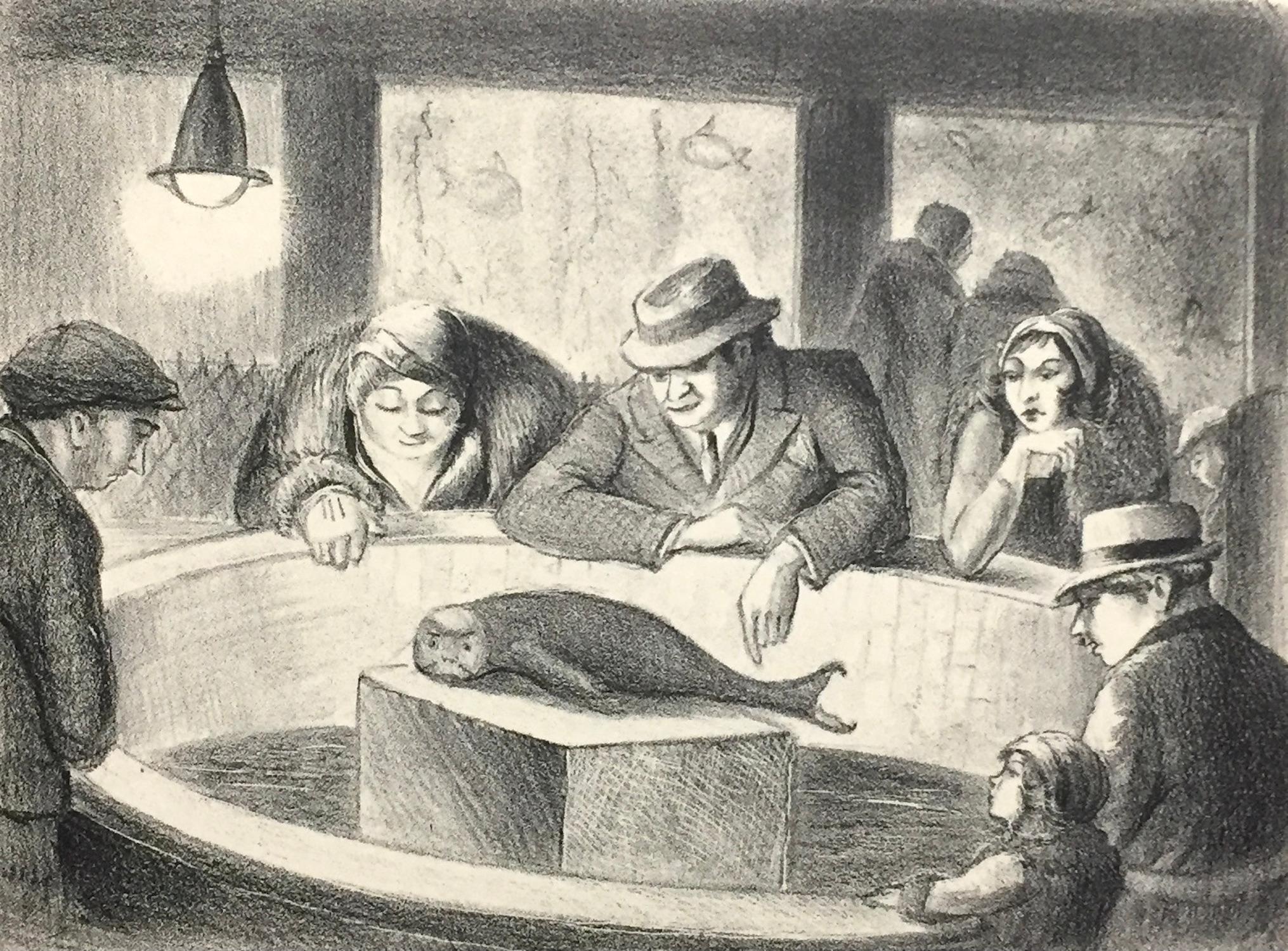 Gregory often worked in lithography, probably learned at the Art Students League in New York City. In all likelihood this is a New York scene but he also often drew New England subjects. 
It is signed, titled, and dated, in pencil.