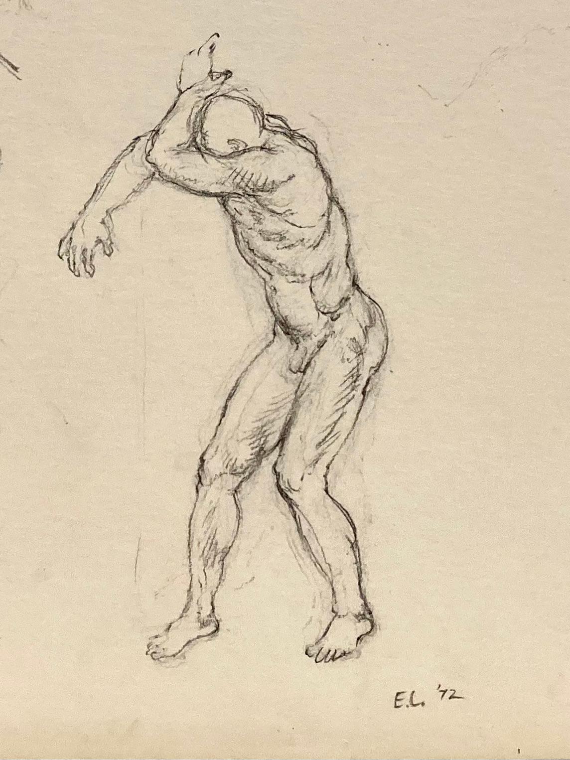 This pencil drawing by master draughtsman Edward Laning has religious over tones. Perhaps it's a study for a deposition. There are male figures, both nude and clothed, one on a ladder, and at the lower left a figure seems to be carrying something