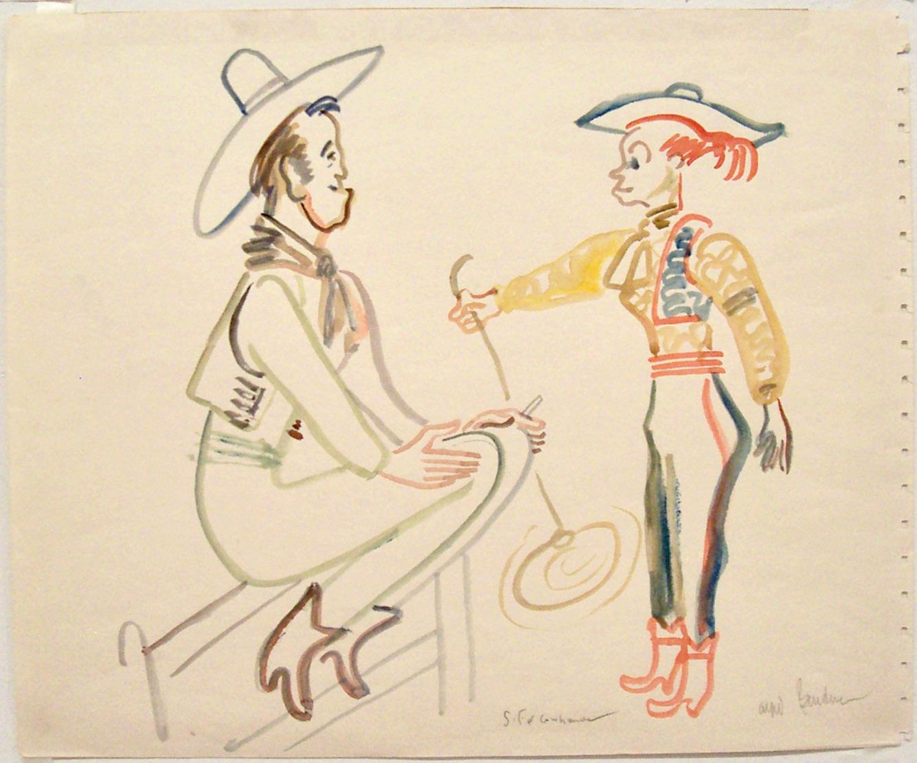 Offenbar hat Bendiner nie einen Tag ohne Zeichnung verbracht. Er war unglaublich!

In dieser Szene arbeitet ein junges "Cowgirl" mit dem Lasso, während ein "alter Cowboy" zusieht - natürlich mit einer Zigarette in der Hand.

Es ist mit Bleistift