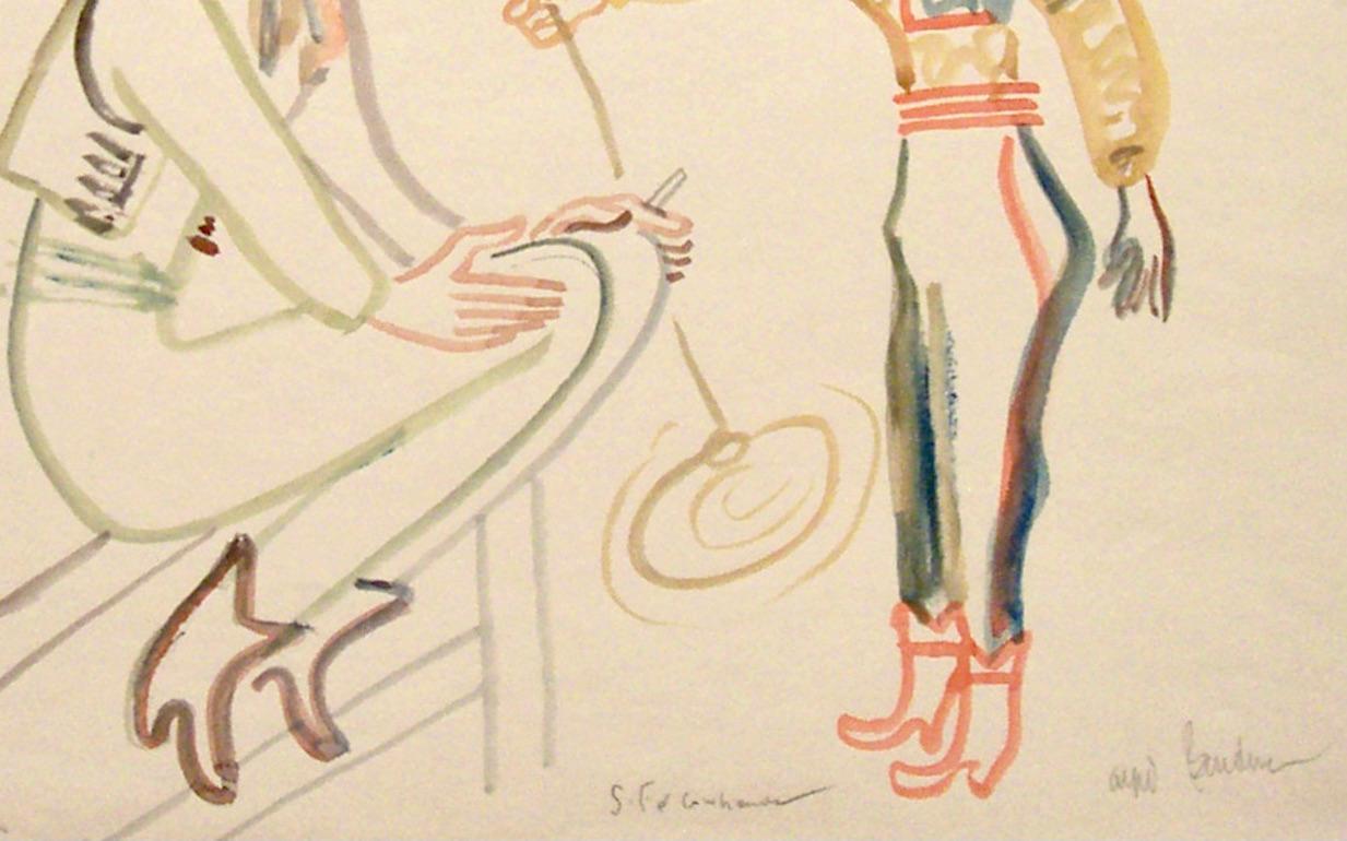 Apparently Bendiner never went a day without drawing. He was amazing!

In this scene of a young 'cowgirl' is working a lasso while an 'old cowhand' looks on -- clutching a cigaret of course.

It is titled and signed in pencil. 

