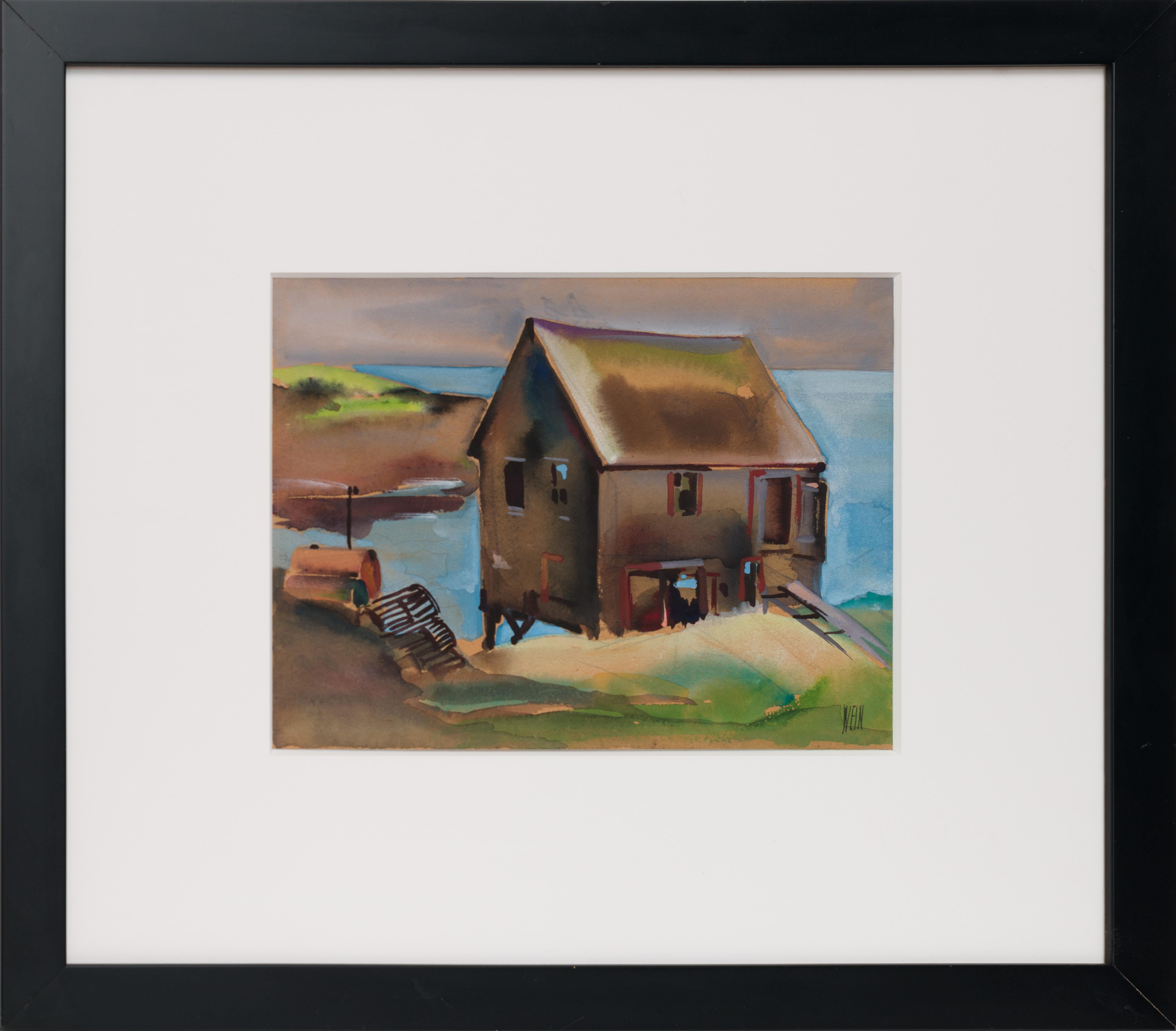 Monhegan House, Modernist watercolor, Maine, (Fisherman’s Shack)
