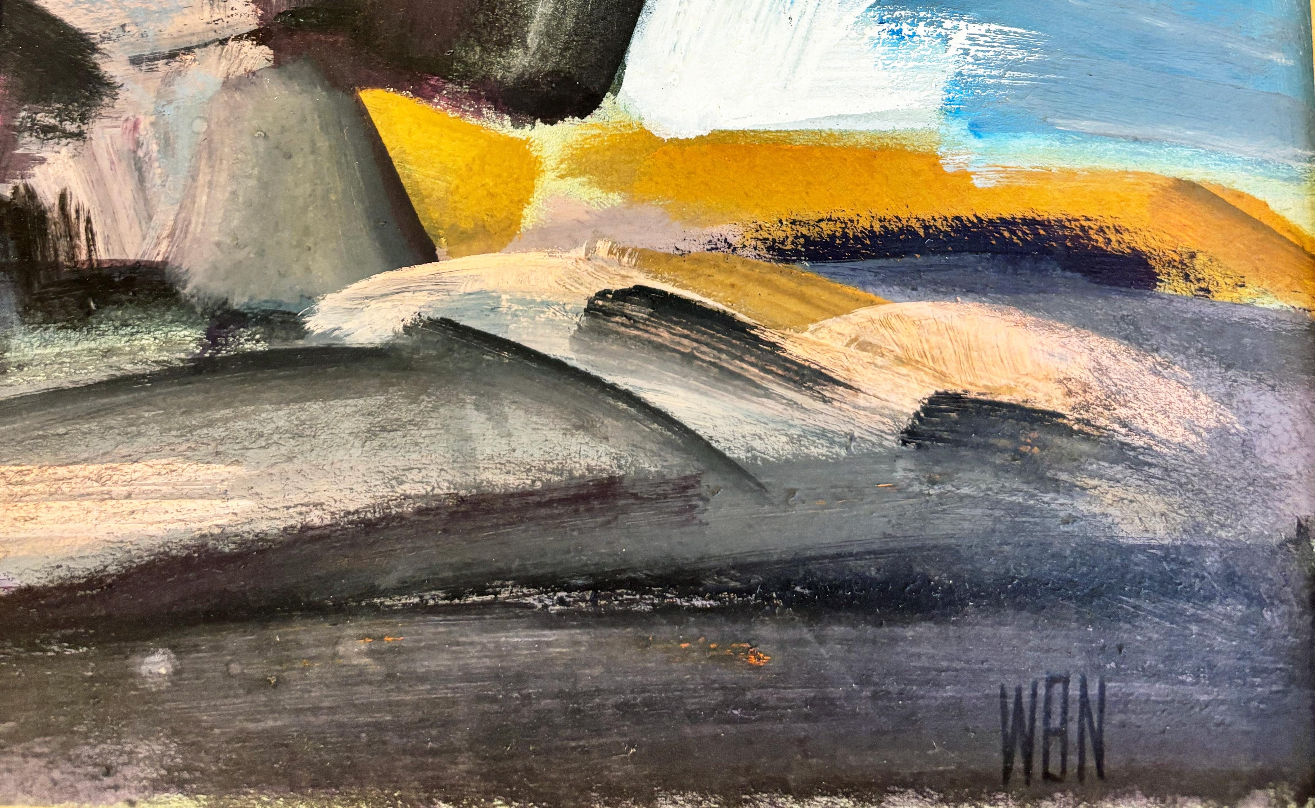 A super rare and wonderfully exciting depiction of the Monhegan cliffs. Albert Wein's artistic prowess in painting is a testament to his deep-seated academic training, a fundamental aspect that serves as the bedrock for his avant-garde approach to