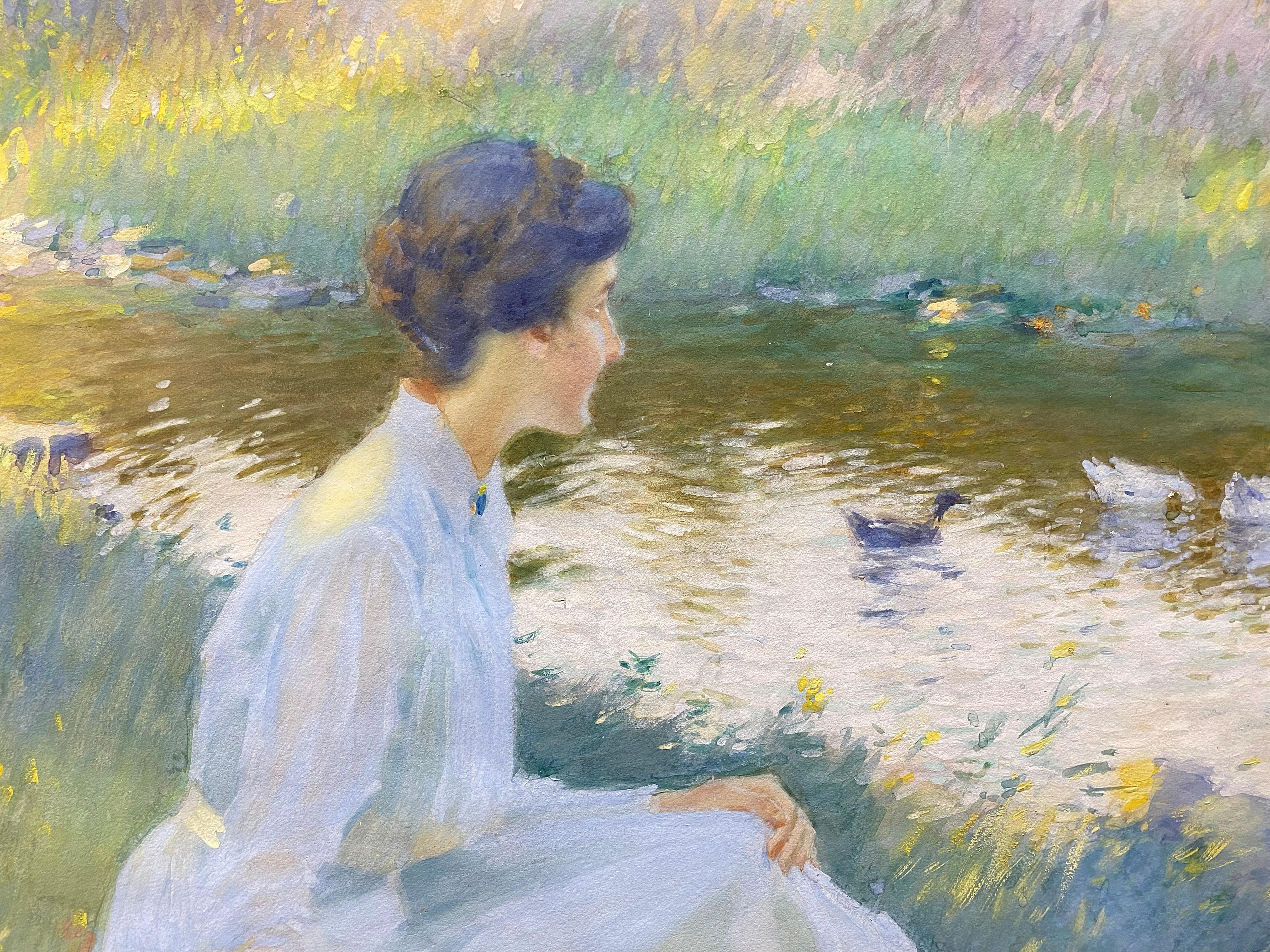Edward Dufner is one of America's finest American Impressionists.  This is an exceptional work by him.  The technique is exquisite with the brushwork being refined and sophisticated, the subject is lovely and the presentation in the frame elegant. 