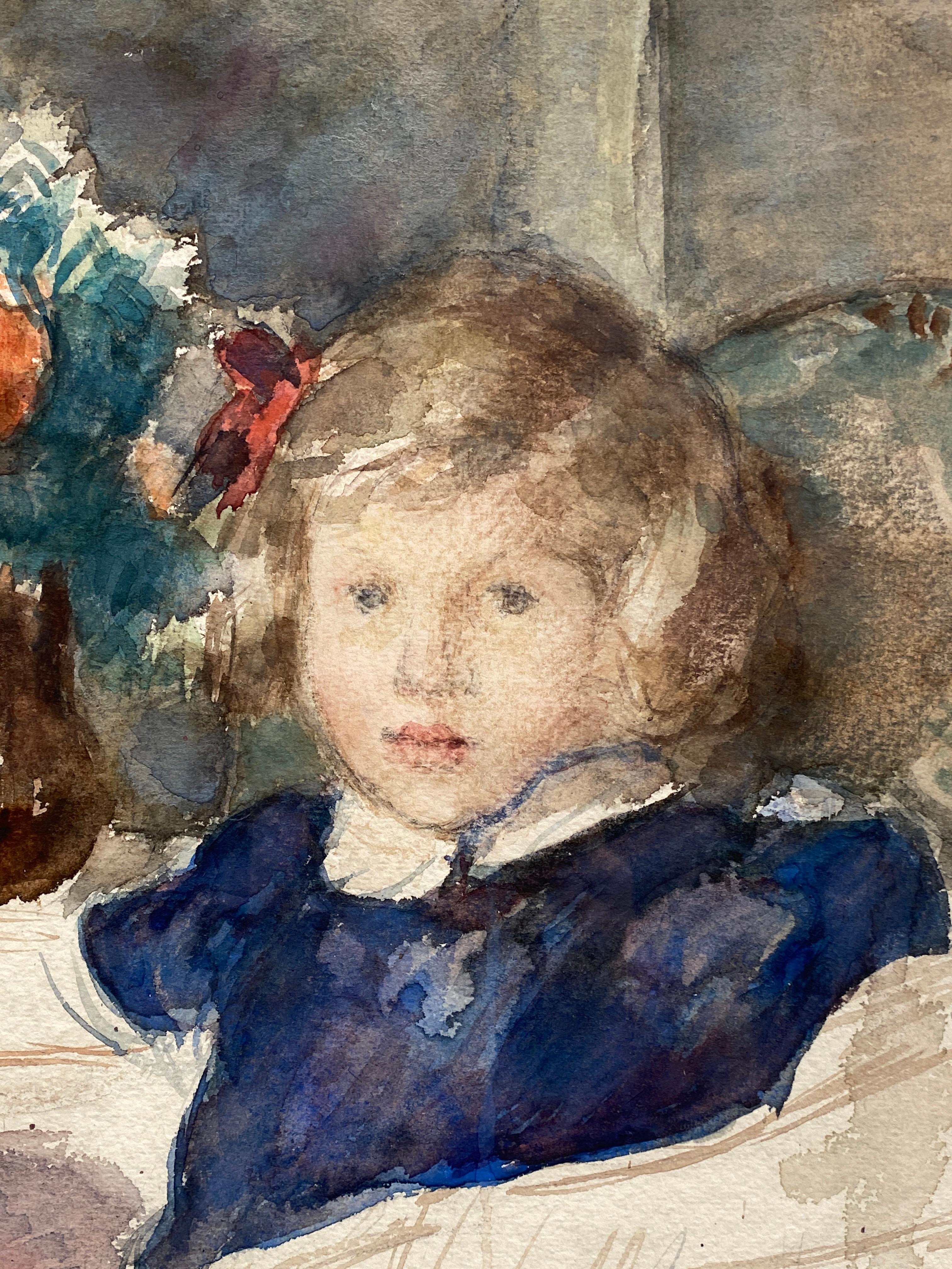 Sonya in Blue, sketch in color - Beige Portrait by Simka Simkhovitch
