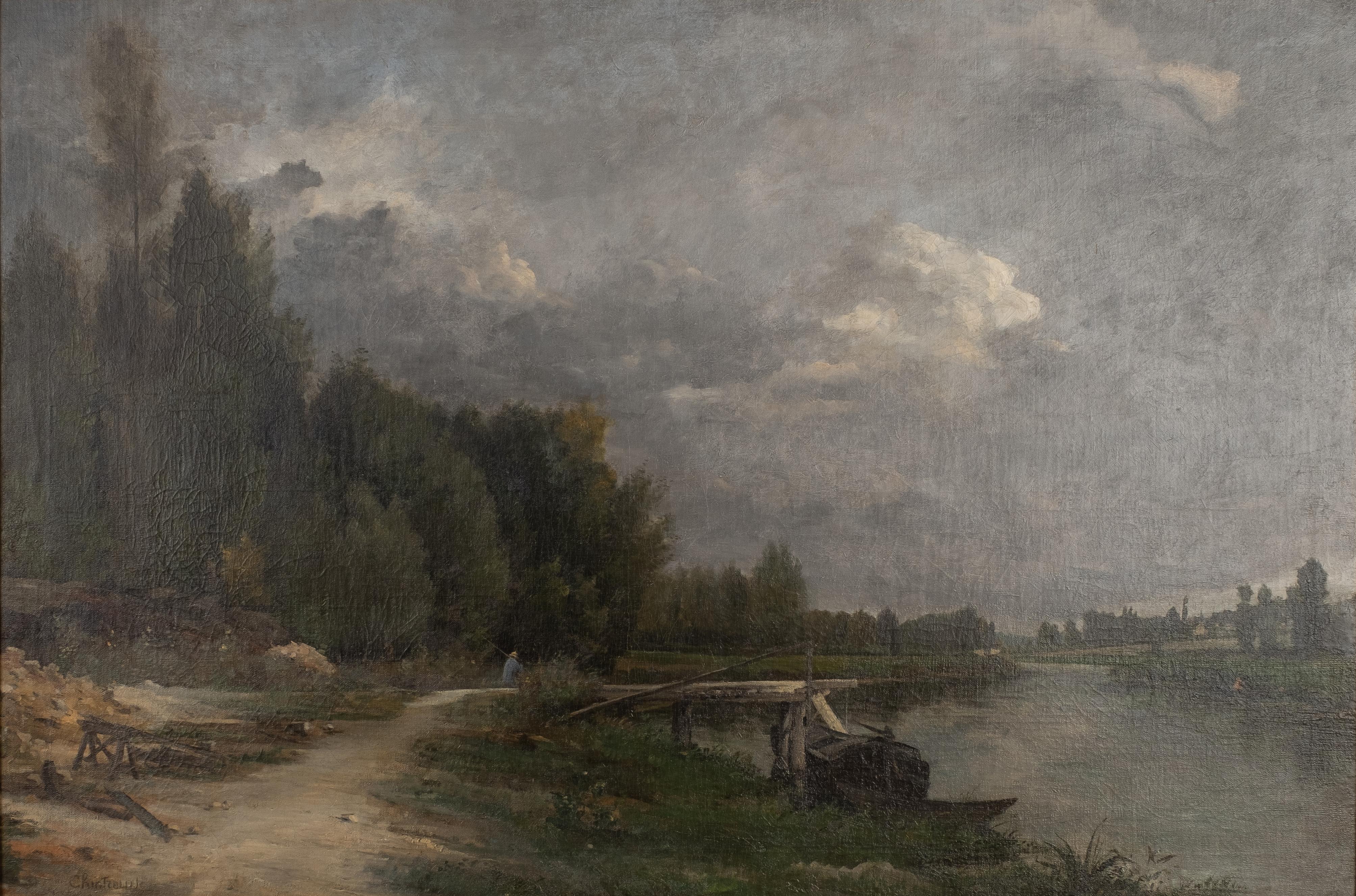 French Barbizon landscape along River - Painting by Antoine Chintreuil