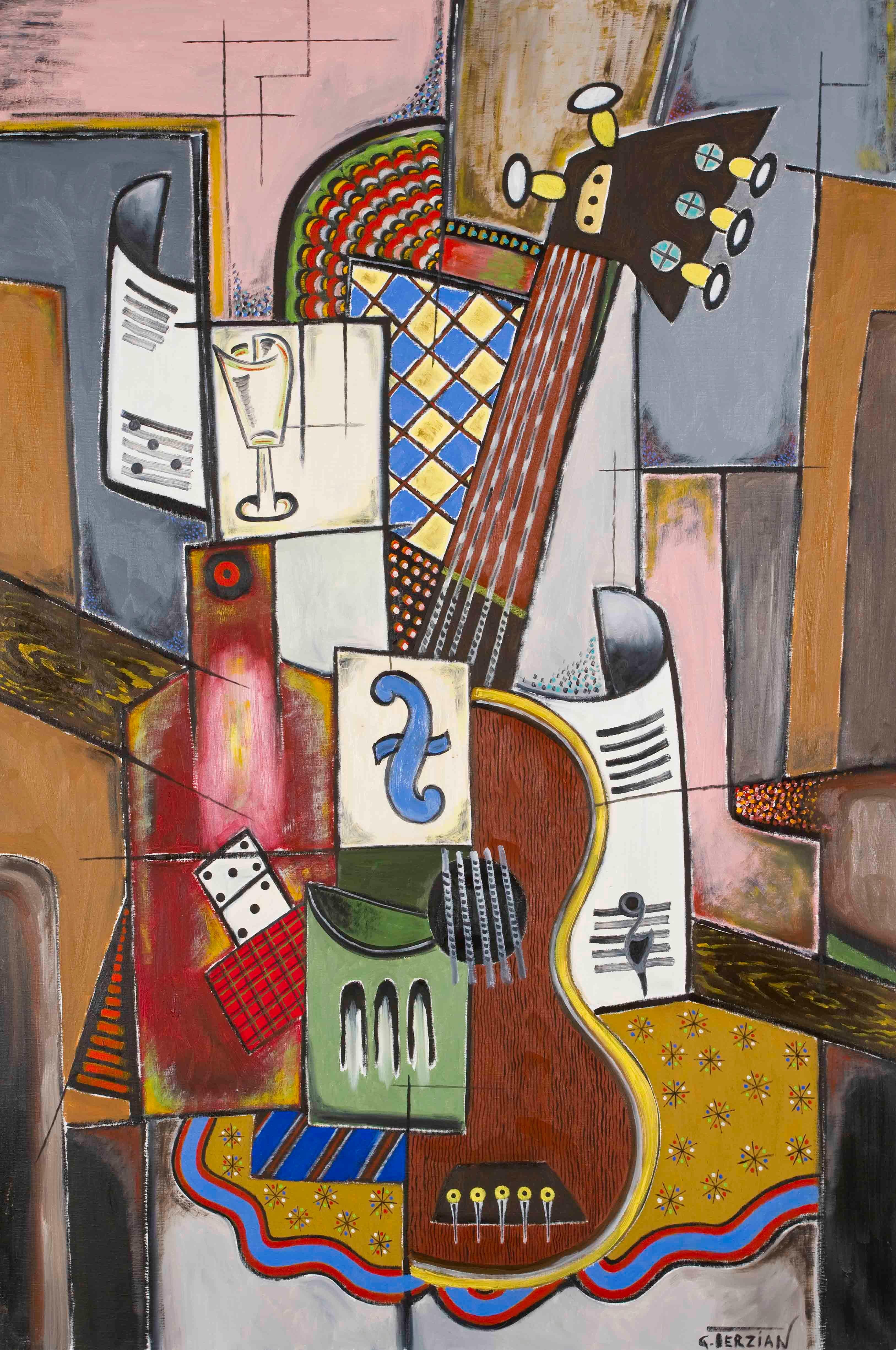 La guitare au domino - Georges Terzian, contemporary, cubist, painting, guitar