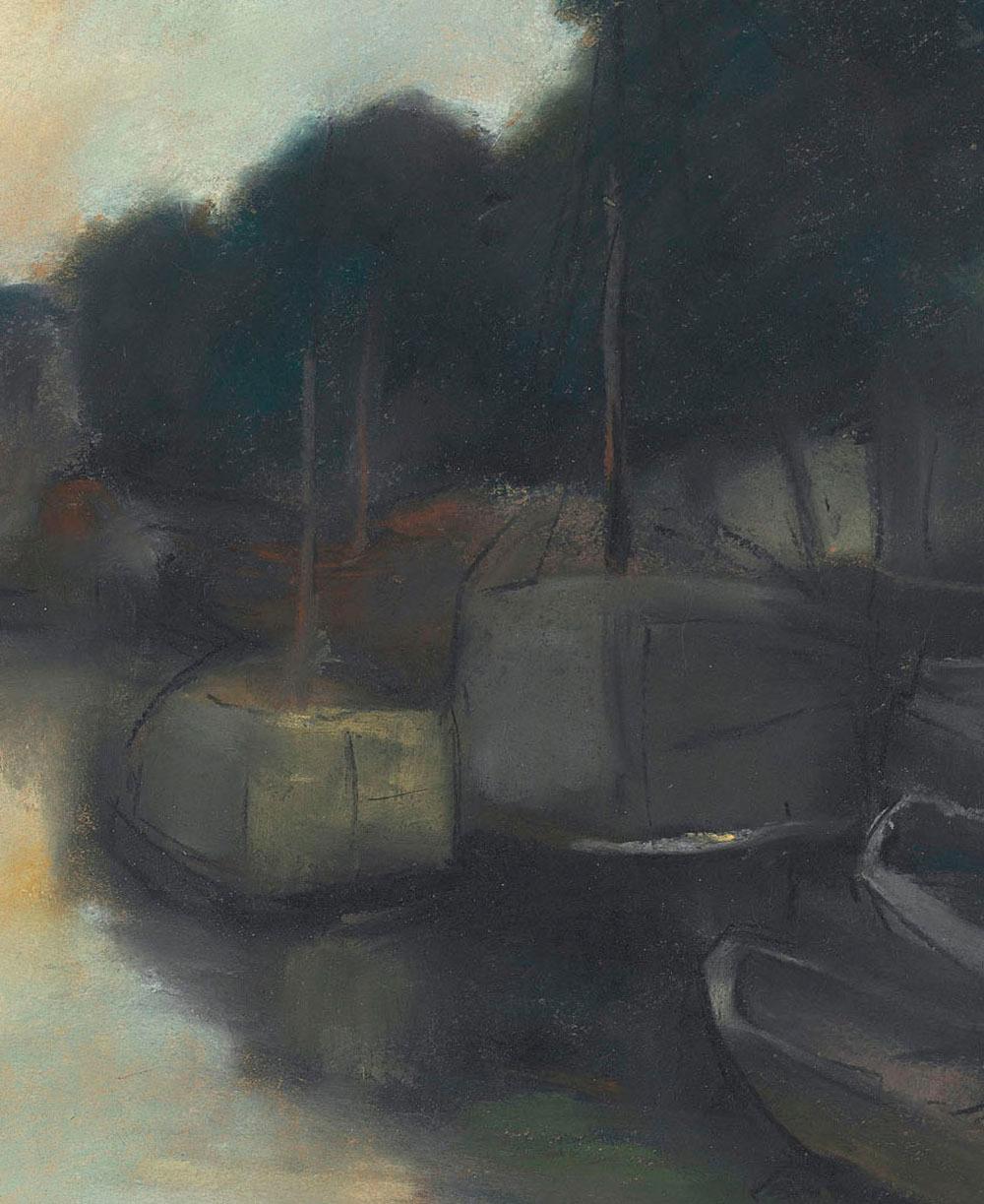 Lesser Ury - Auf dem kanal, impressionista, pastello, tedesco, paesaggio acquatico, canale in vendita 4