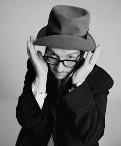 Vintage Lorenzo Agius - Elvis Costello, british, portrait, black and white, 40x30 in.