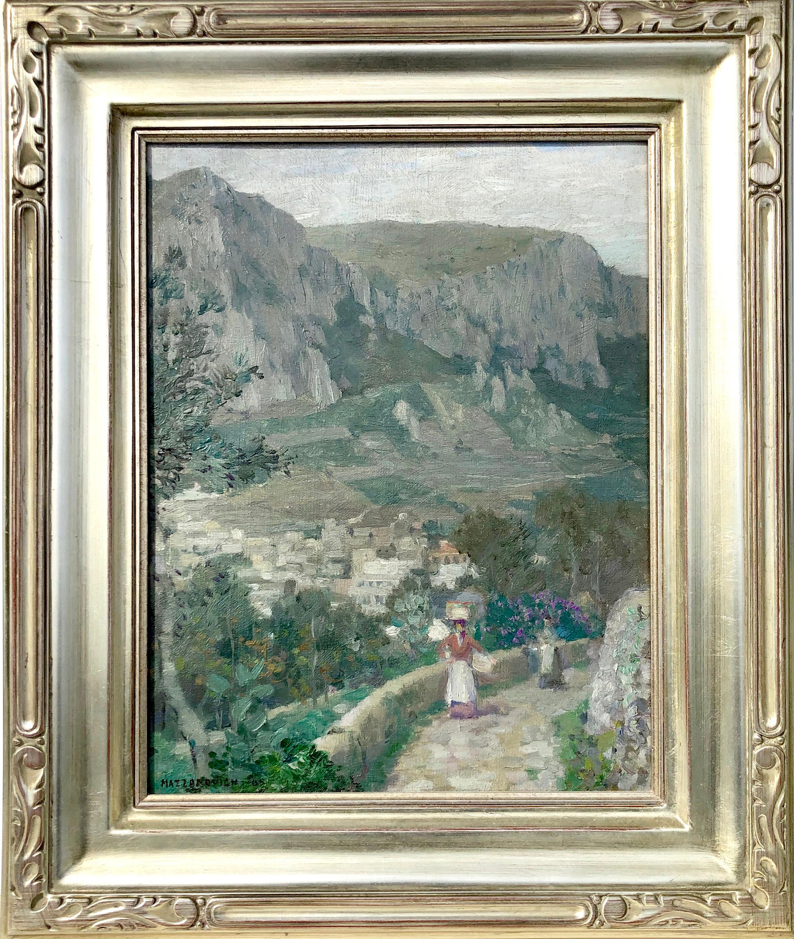 Along the Mountain Path, Village in the Valley Below: Impressionism landscape - Painting by Lawrence Mazzanovich