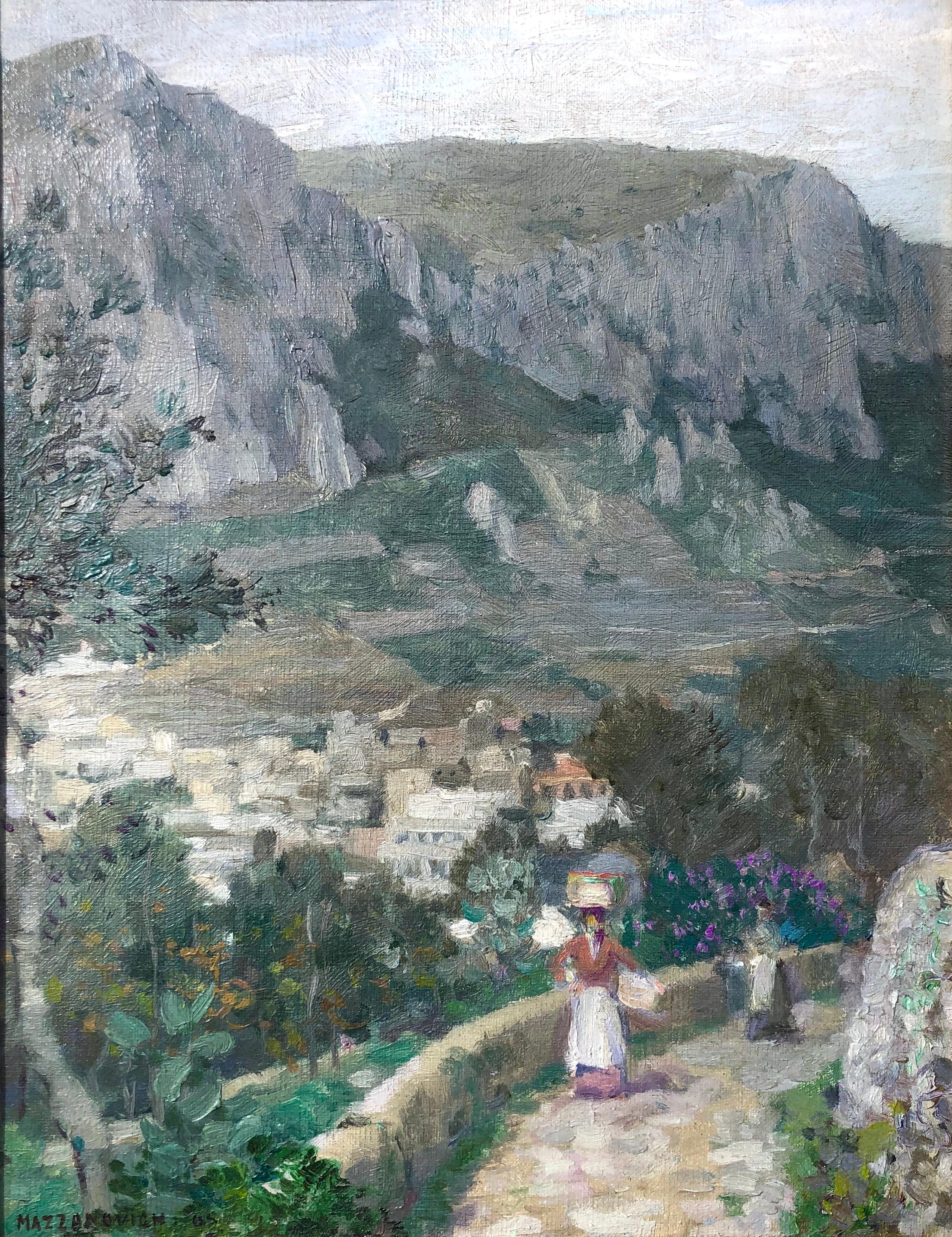 Lawrence Mazzanovich Figurative Painting - Along the Mountain Path, Village in the Valley Below: Impressionism landscape