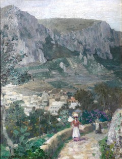 Along the Mountain Path, Village in the Valley Below: Impressionism landscape