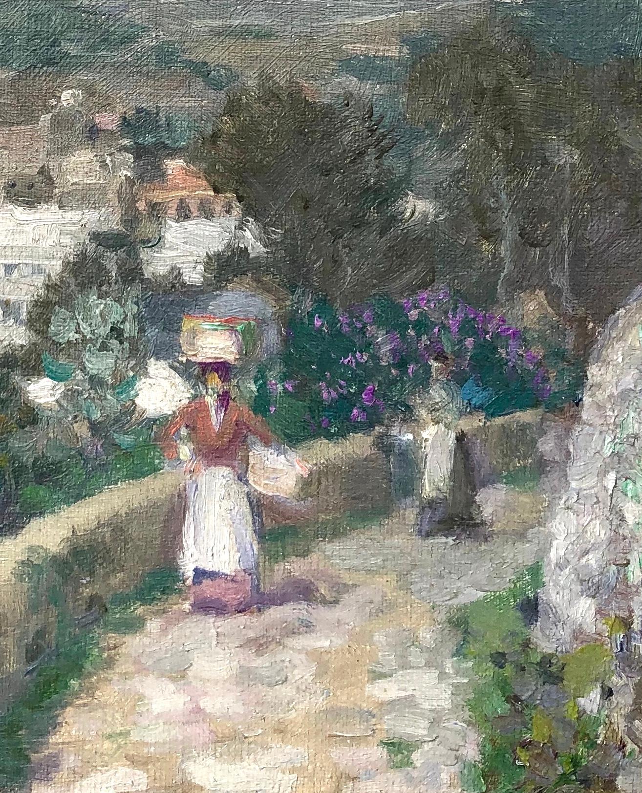 Along the Mountain Path, Village in the Valley Below: Impressionism landscape - Impressionist Painting by Lawrence Mazzanovich