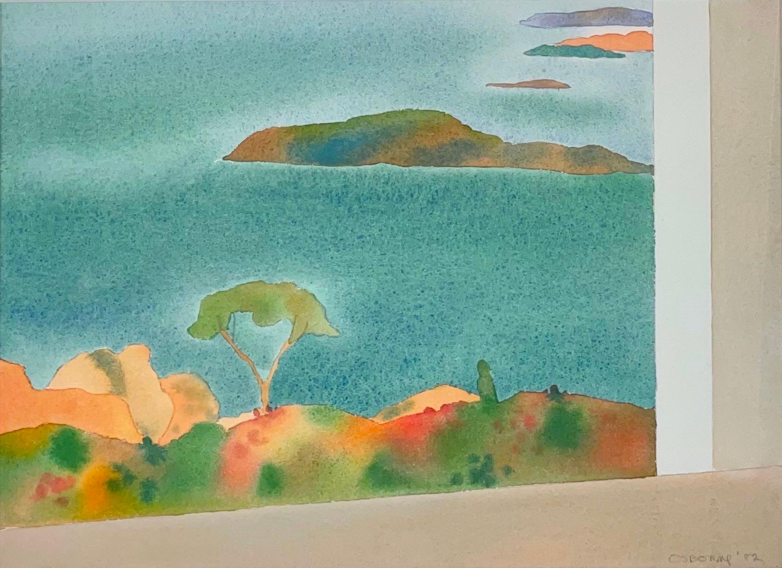Elizabeth Osborne Landscape Painting - Dana Island: abstract Mediterranean landscape watercolor painting w/ blue, green