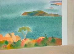 Dana Island: abstract Mediterranean landscape watercolor painting w/ blue, green