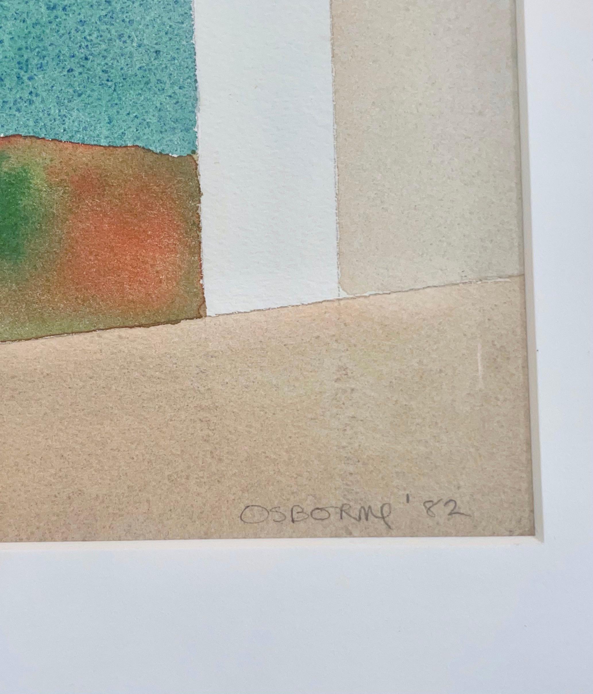 Dana Island: abstraktes Aquarellgemälde mediterraner Landschaft mit blauem, grünem Motiv (Abstrakt), Painting, von Elizabeth Osborne
