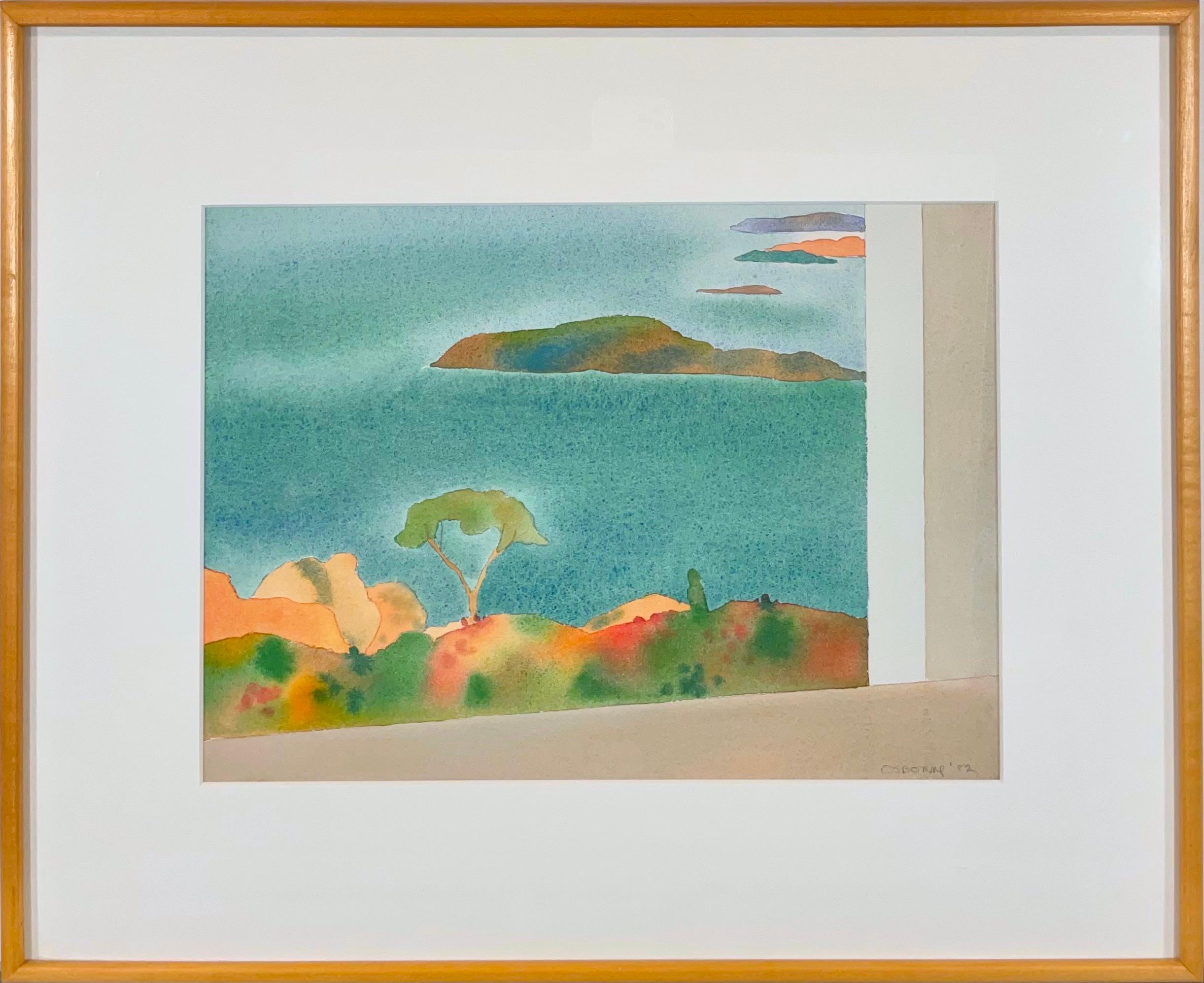Dana Island: abstract Mediterranean landscape watercolor painting w/ blue, green - Painting by Elizabeth Osborne