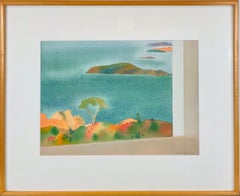 Dana Island: abstract Mediterranean landscape watercolor painting w/ blue, green