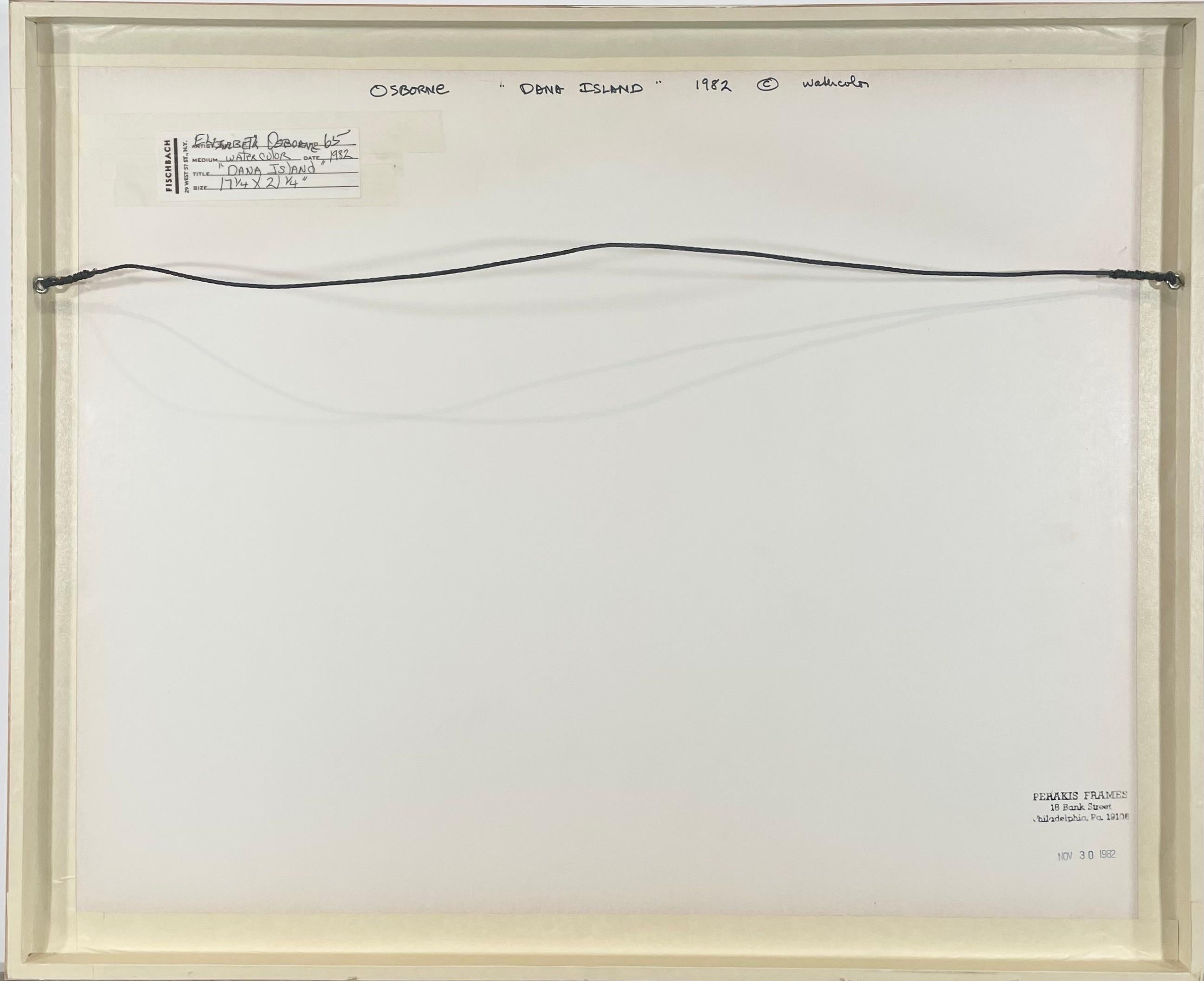 Dies ist eine gerahmte, klassische Elizabeth Osborne Aquarell abstrakte Landschaft Gemälde von Dana Island, eine kleine Insel im Mittelmeer, wie durch ein Fenster gesehen. Das Bild selbst misst 10