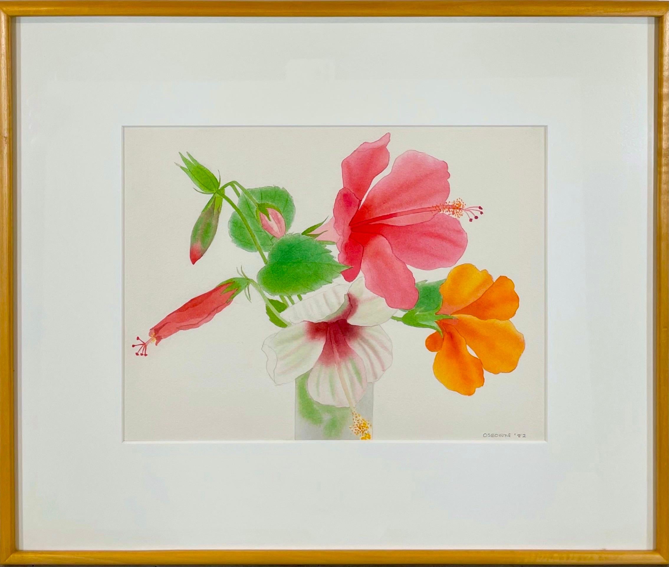 Hibiscus Bermuda III: botanical watercolor painting w/ pink, orange flowers - Painting by Elizabeth Osborne