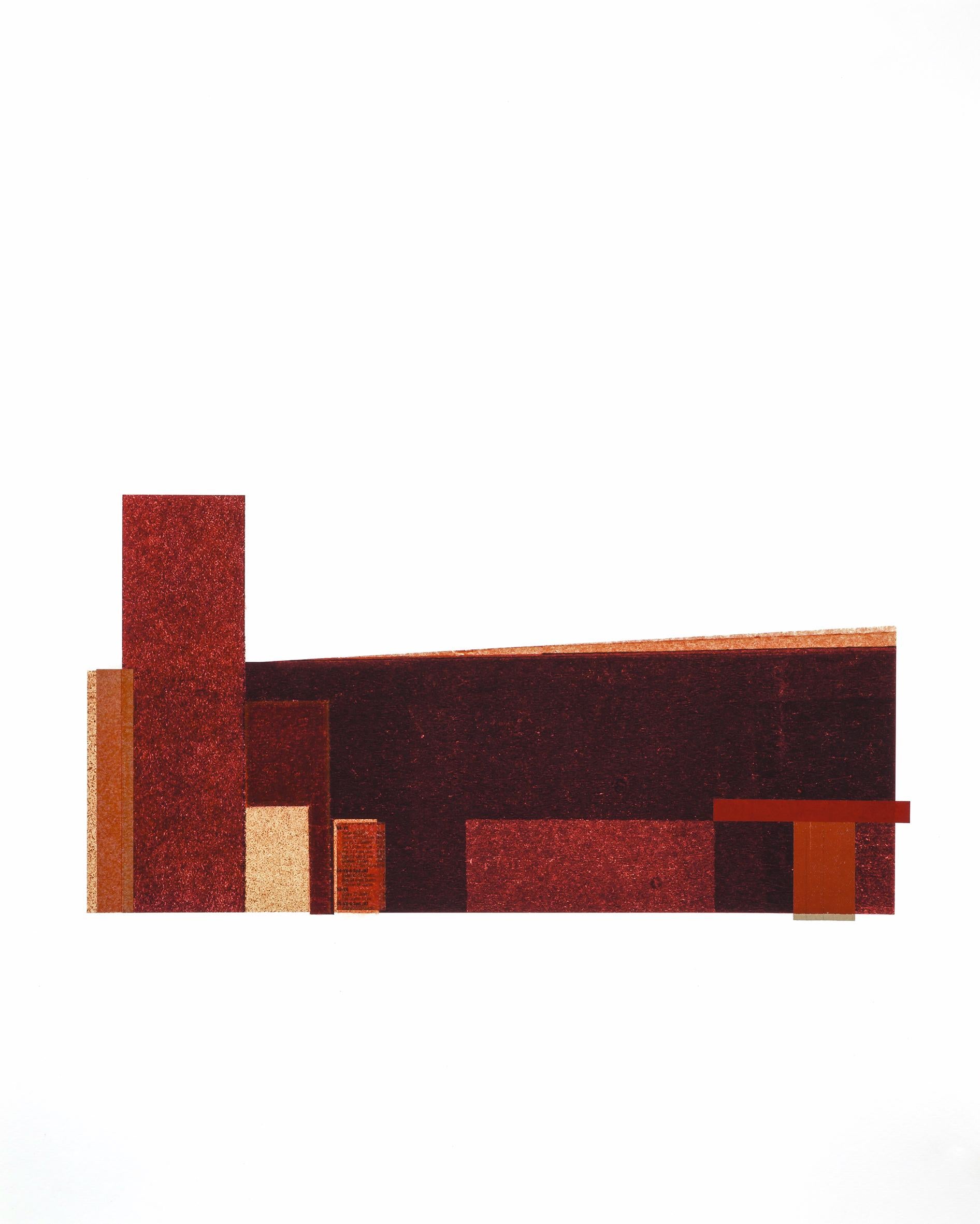 Agathe Bouton Landscape Art - Factory IX: modernist urban architectural collage on monoprint in red, framed