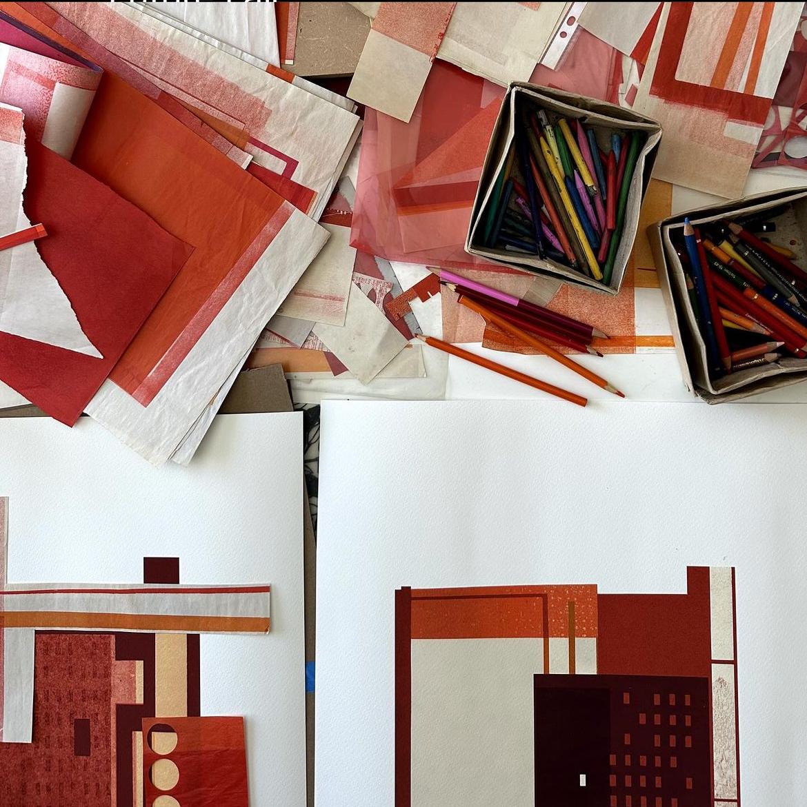 Fábrica IX: collage de arquitectura urbana modernista sobre monocopia en rojo, enmarcado en venta 1