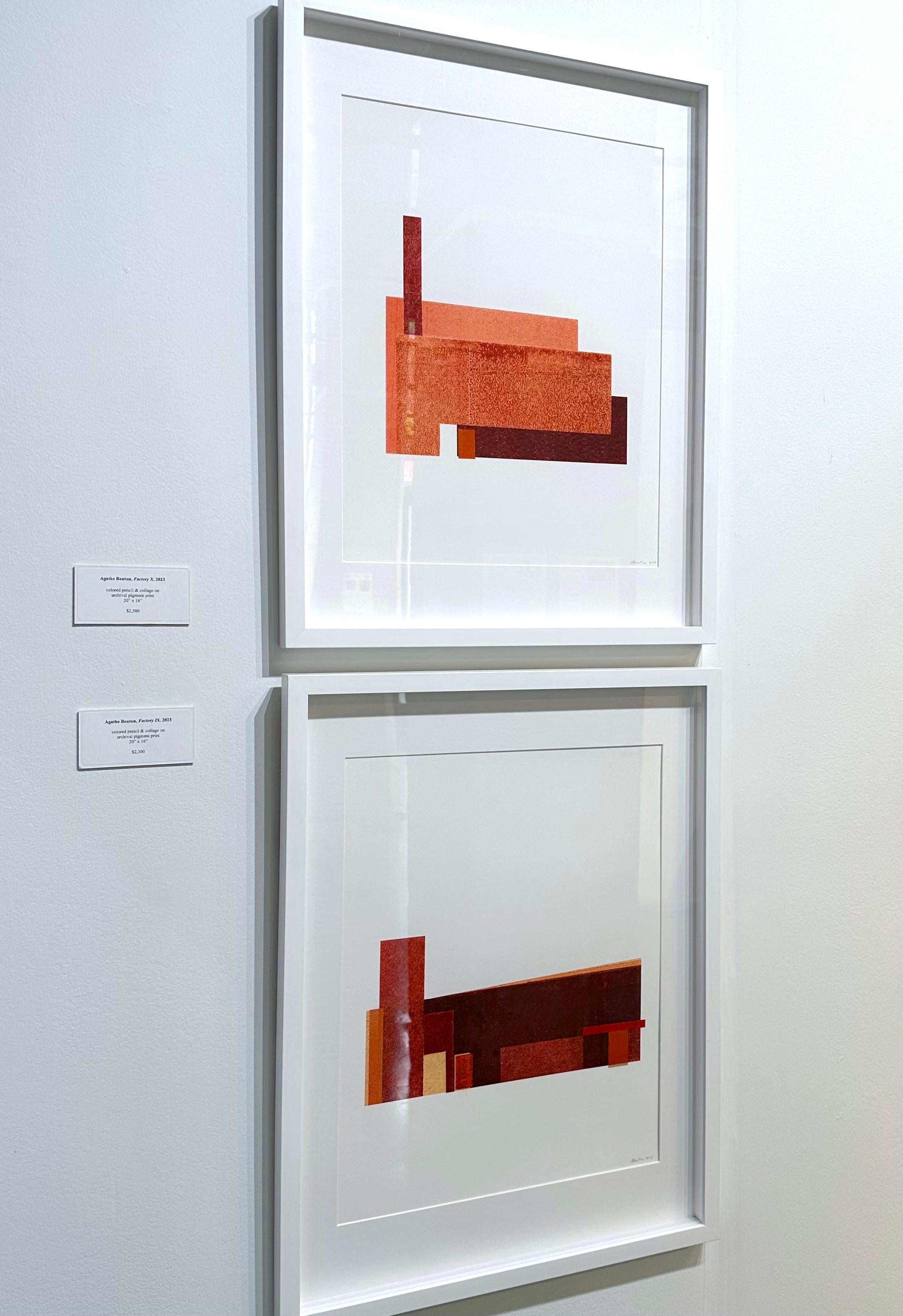 Factory IX: modernist urban architectural collage on monoprint in red, framed - Contemporary Art by Agathe Bouton