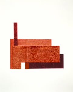 Factory X: modernist urban architectural collage on monoprint in red, framed